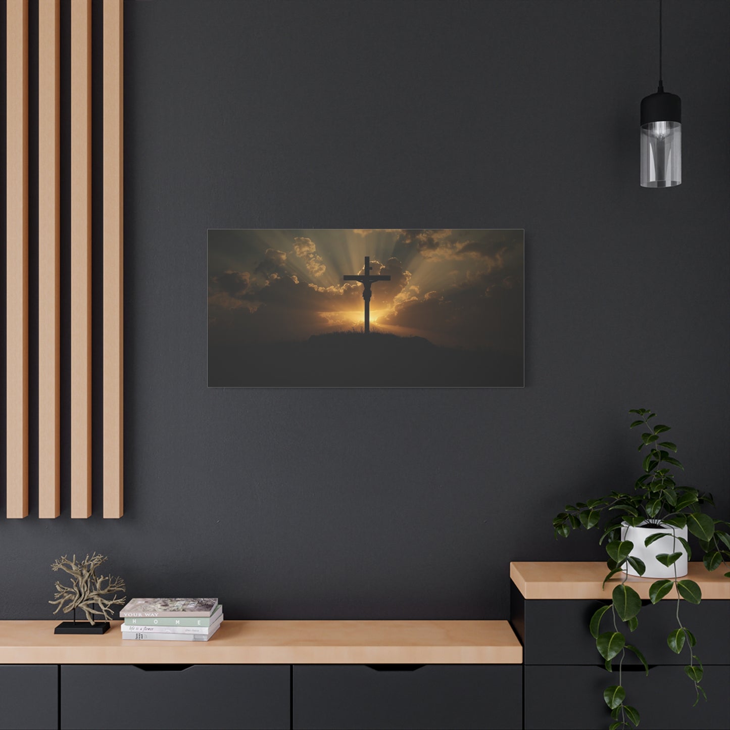 Jesus Christ Crucifix Canvas Wall Art - Sunset Cross Silhouette, Golden Sky Rays - Matte Cotton Print - Religious Christian Decor For Living Room, Bedroom, Office Wall Display - Modern Farmhouse Style