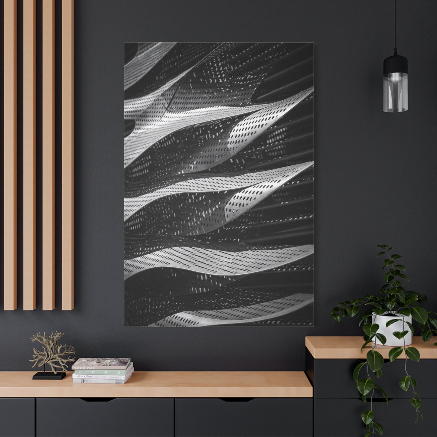 Abstract Black White Metal Wave Canvas Wall Art - Geometric Architectural Art Print - Modern Minimalist Decor - Living Room Wall Decor, Office Art, Contemporary Interior Design - Ready to Hang