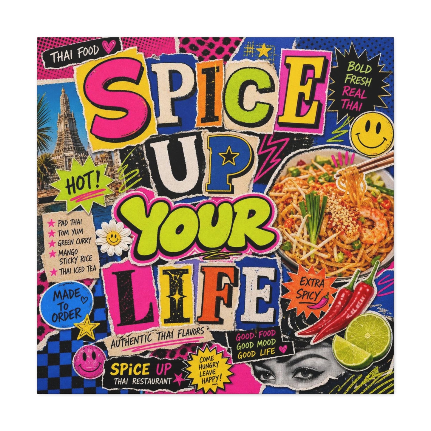 "Spice Up Your Life" Canvas Wall Art - Thai Food Pop Art Collage, Typography Print, Neon Color Street Poster Style, Cafe Decor, Dining Room Accent, Kitchen Wall Hanging, Contemporary - Ready to Hang
