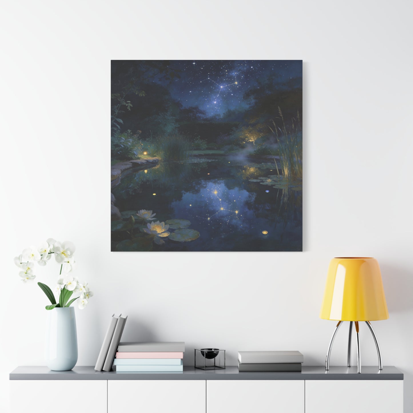 Starry Night Pond Canvas Wall Art - Moonlit Water Lilies, Celestial Reflection Landscape - Dreamy Matte Canvas Print - Traditional Nightscape Style - Living Room Wall Decor Bedroom Home Accent