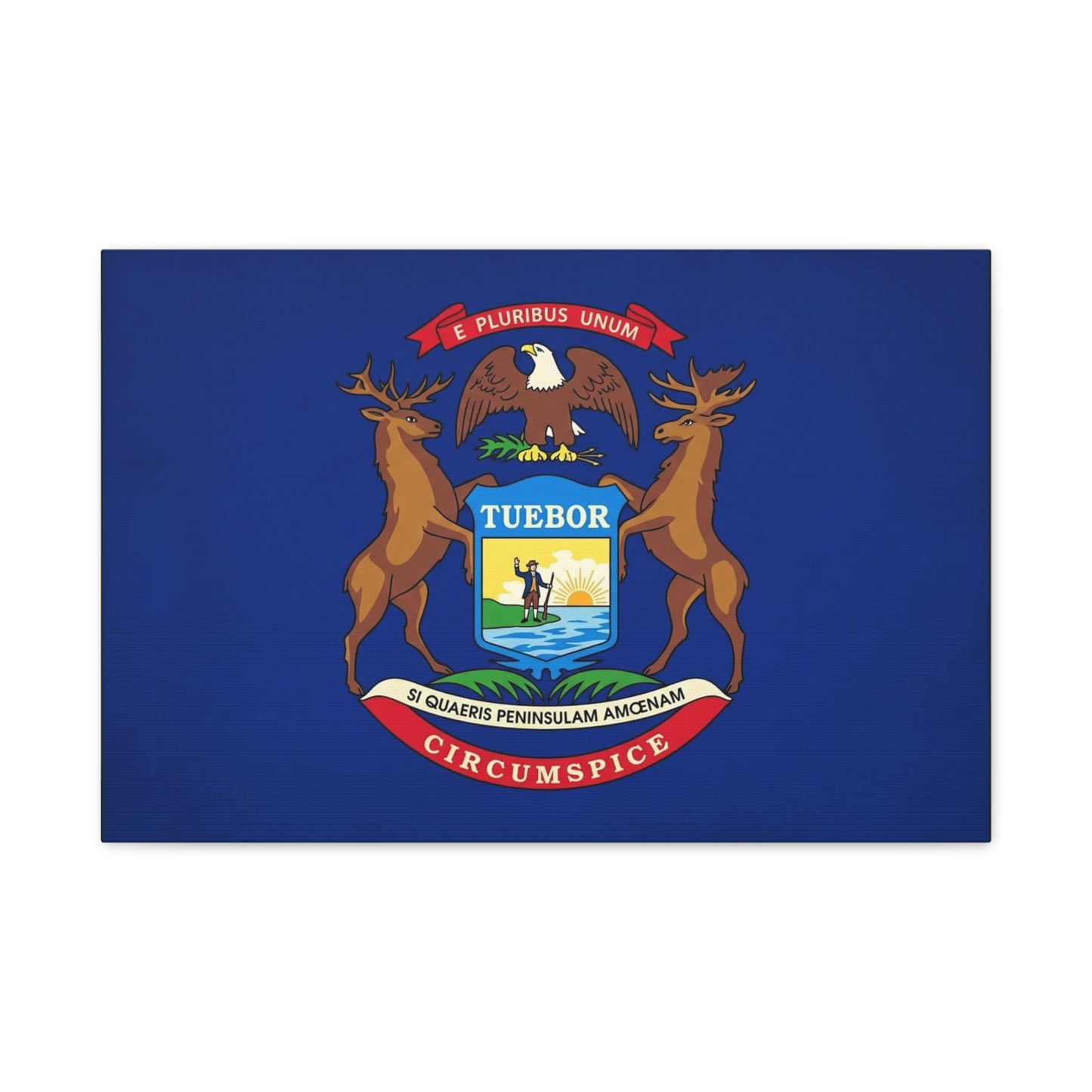 "E Pluribus Unum" Michigan State Flag Canvas Wall Art - Blue Crest With Elk Eagle And "Tuebor" - Vintage Heraldic Decor, Living Room Wall Decor, Office Art - Bedroom Home Decoration - Ready to Hang