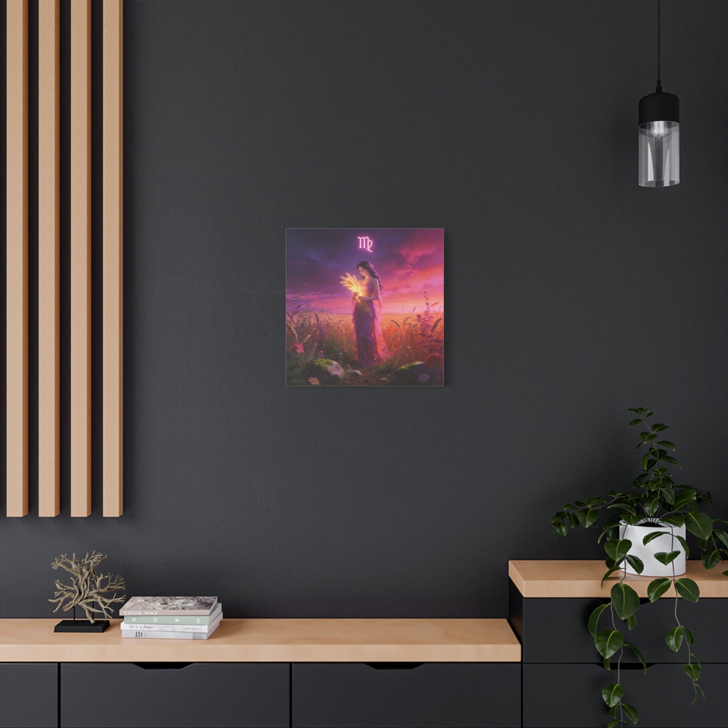 Virgo Zodiac Canvas Wall Art - Maiden Holding Glowing Wheat, Purple Twilight Field - Fantasy Illustration, Matte Canvas Print - Bedroom Wall Decor, Meditation Space Accent - Bedroom Home Decoration