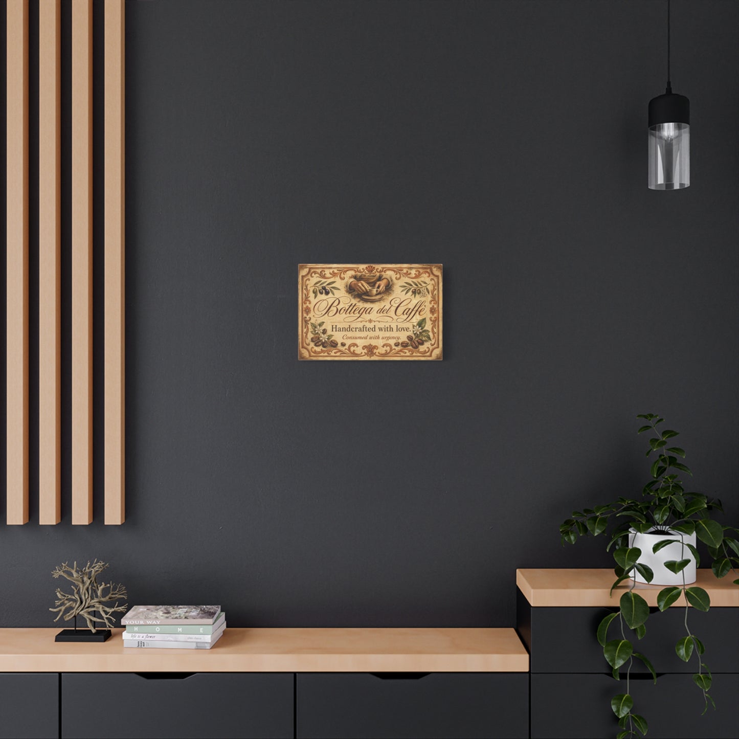 "Bottega del Caffe" Canvas Wall Art - Vintage Italian Coffee Quote Print, Olive Branches, Beans, Rustic Farmhouse Decor, Cafe Wall Hanging - Modern Farmhouse Style - Coffee Shop Decor - Ready to Hang