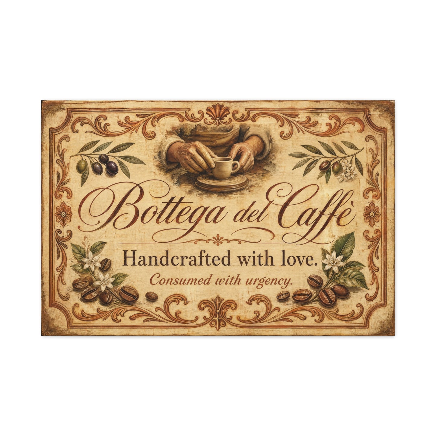 "Bottega del Caffe" Canvas Wall Art - Vintage Italian Coffee Quote Print, Olive Branches, Beans, Rustic Farmhouse Decor, Cafe Wall Hanging - Modern Farmhouse Style - Coffee Shop Decor - Ready to Hang