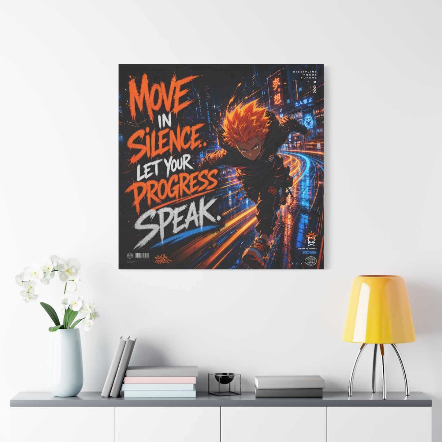 "Move In Silence Let Your Progress Speak" Anime Canvas Wall Art - Cyberpunk Runner Motivational Quote Print, Neon City Street Illustration - Teen Bedroom Decor, Home Office Accent - Office Wall Art