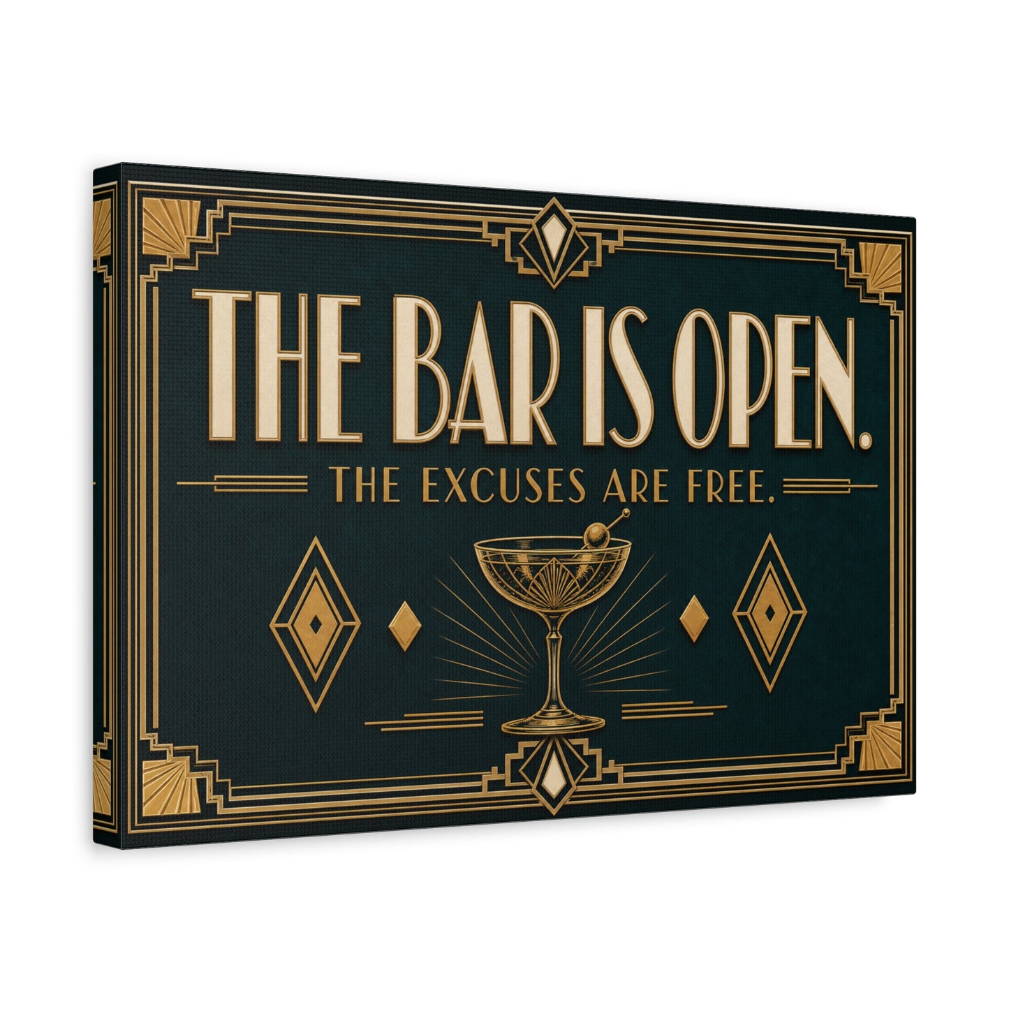 "The Bar Is Open. The Excuses Are Free." Art Deco Canvas Wall Art - Cocktail Lounge Quote Print, Vintage Bar Cart Decor, Speakeasy Style - Ready to Hang - Tavern Wall Decor - Speakeasy Style Sign