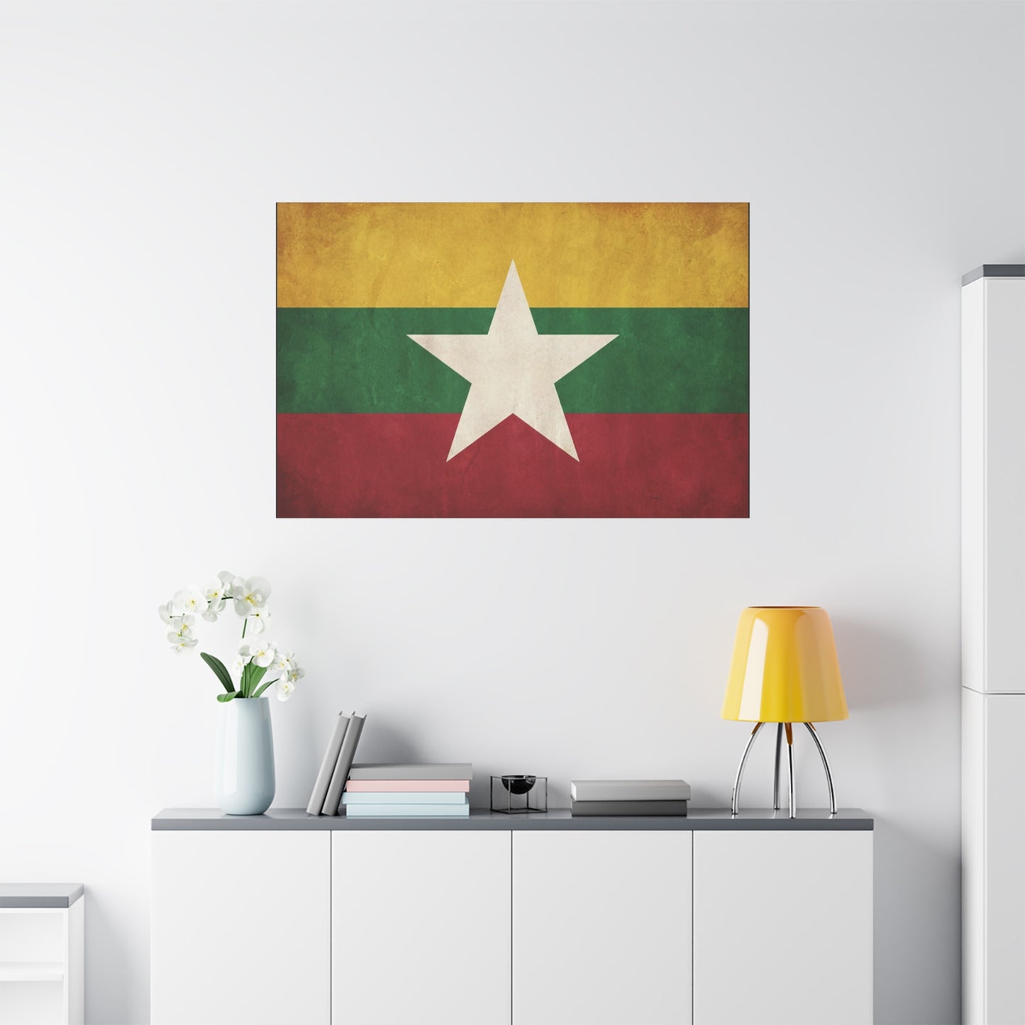 Myanmar Flag Canvas Wall Art - Vintage Burma Star Print, Patriotic Country Pride Decor - Distressed Tricolor Artwork - Living Room Wall Decor, Office Accent - Bedroom Home Decoration - Ready to Hang