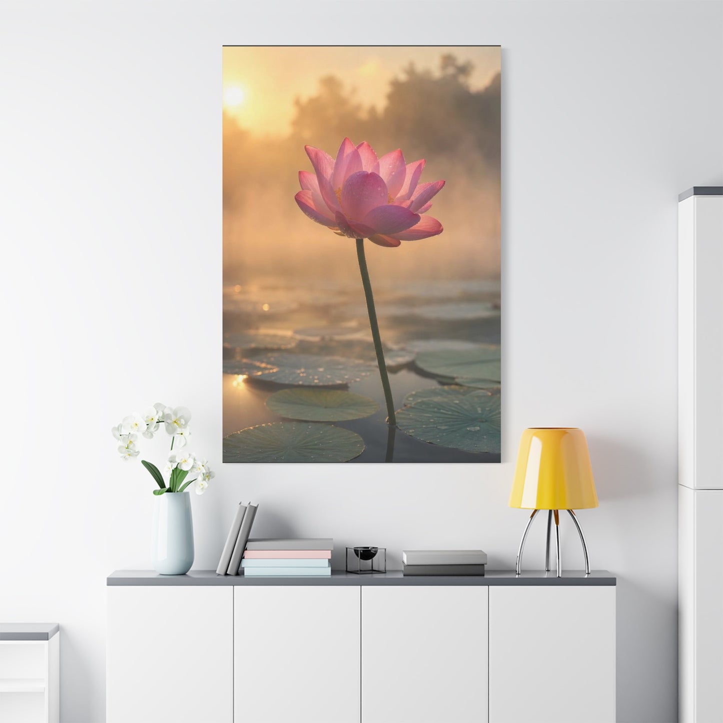 Pink Lotus Canvas Wall Art - Serene Water Lily Sunrise Floral Print - Soft Golden Light, Matte Canvas Print - Bedroom Wall Decor, Bathroom Home Decoration, Zen Meditation Space - Cozy Reading Nook Art