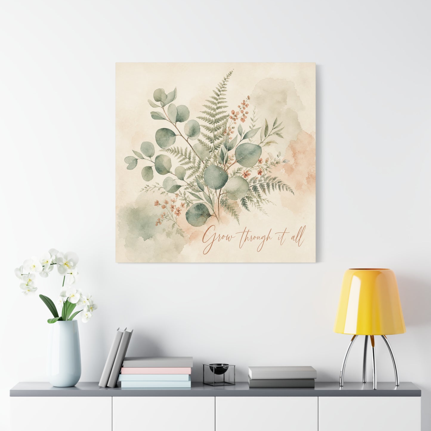 "Grow Through It All" Botanical Canvas Wall Art - Eucalyptus Fern Watercolor Quote Print, Sage Green Floral Home Decor - Modern Farmhouse Style, Bedroom Wall Hanging - Ready to Hang - Ready to Hang