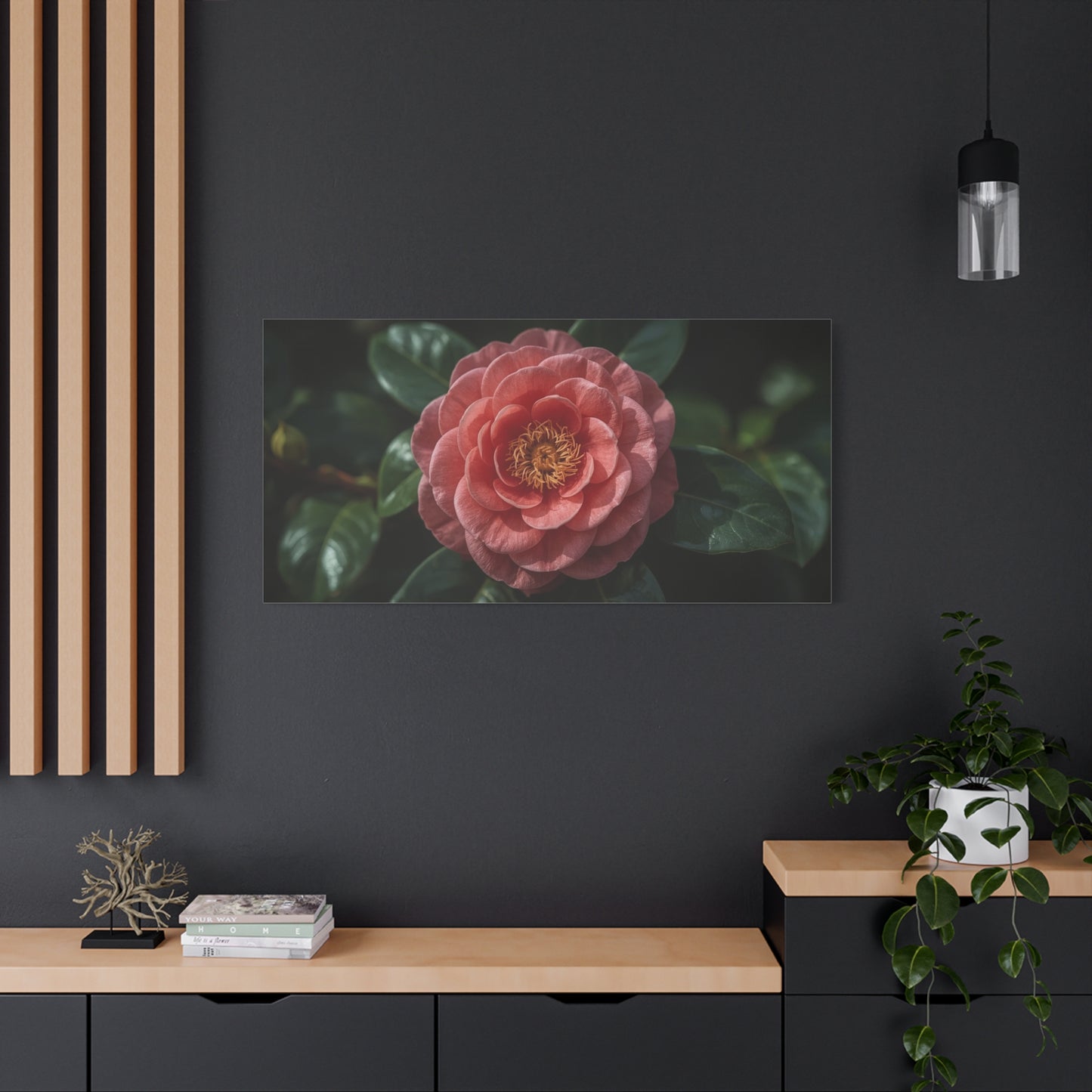 Pink Camellia Flower Canvas Wall Art - Botanical Floral Art Print, Dark Green Leaves, Matte Finish Decor - Traditional Style, Bedroom Wall Decor, Living Room Accent - Bedroom Home Decoration