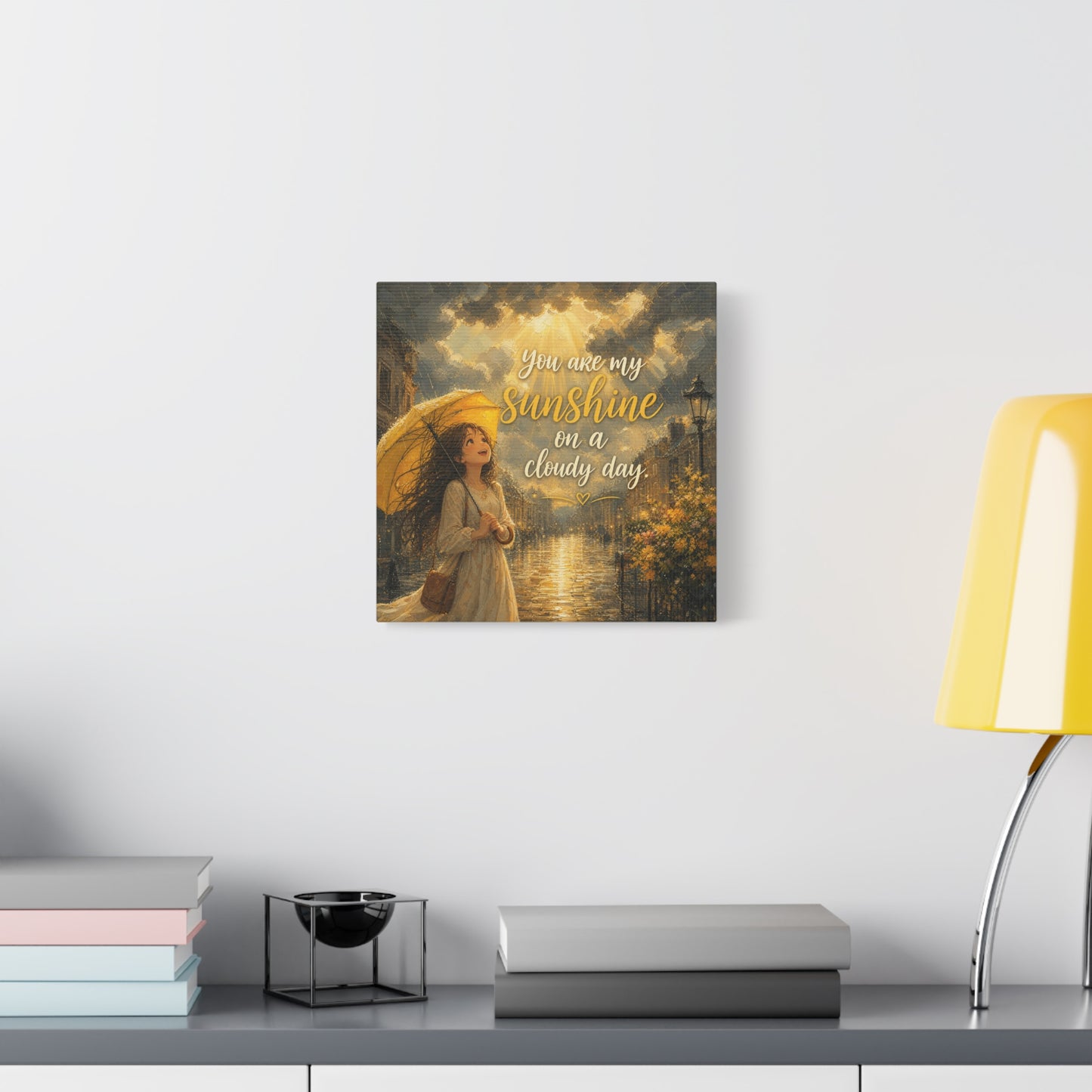 "You Are My Sunshine On A Cloudy Day" Canvas Wall Art - Girl With Yellow Umbrella Quote Print - Golden Rainy Street Painting, Inspirational Decor - Bedroom Home Decoration - Living Room Wall Decor