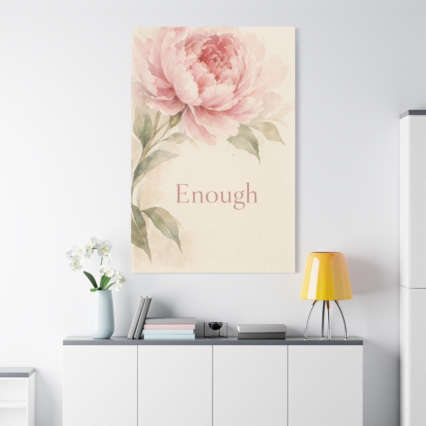 "Enough" Peony Canvas Wall Art - Pink Watercolor Floral Inspirational Print - Soft Botanical Bedroom Wall Decor - Feminine Home Decoration - Bedroom Home Decoration - Modern Farmhouse Style
