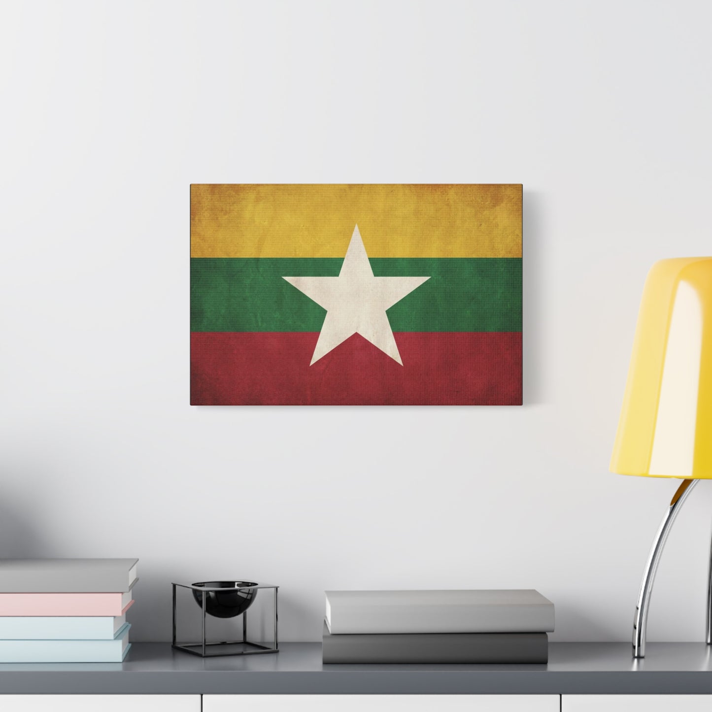Myanmar Flag Canvas Wall Art - Vintage Burma Star Print, Patriotic Country Pride Decor - Distressed Tricolor Artwork - Living Room Wall Decor, Office Accent - Bedroom Home Decoration - Ready to Hang