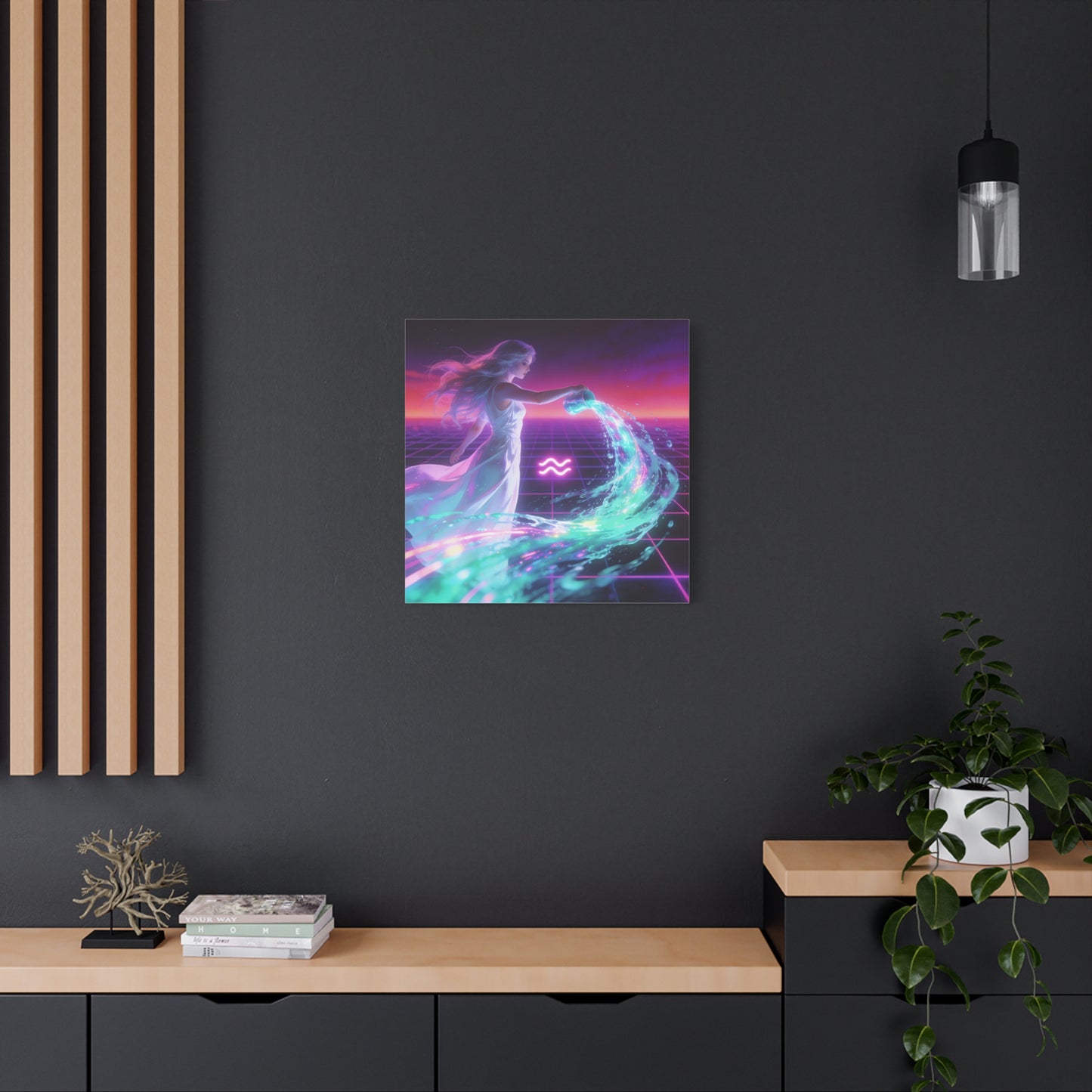 Aquarius Woman Canvas Wall Art - Neon Water Bearer Zodiac Illustration, Retro Synthwave Aesthetic - Matte Canvas Print - Bedroom Wall Decor, Home Office Accent, Mystical Decor - Modern Farmhouse Style