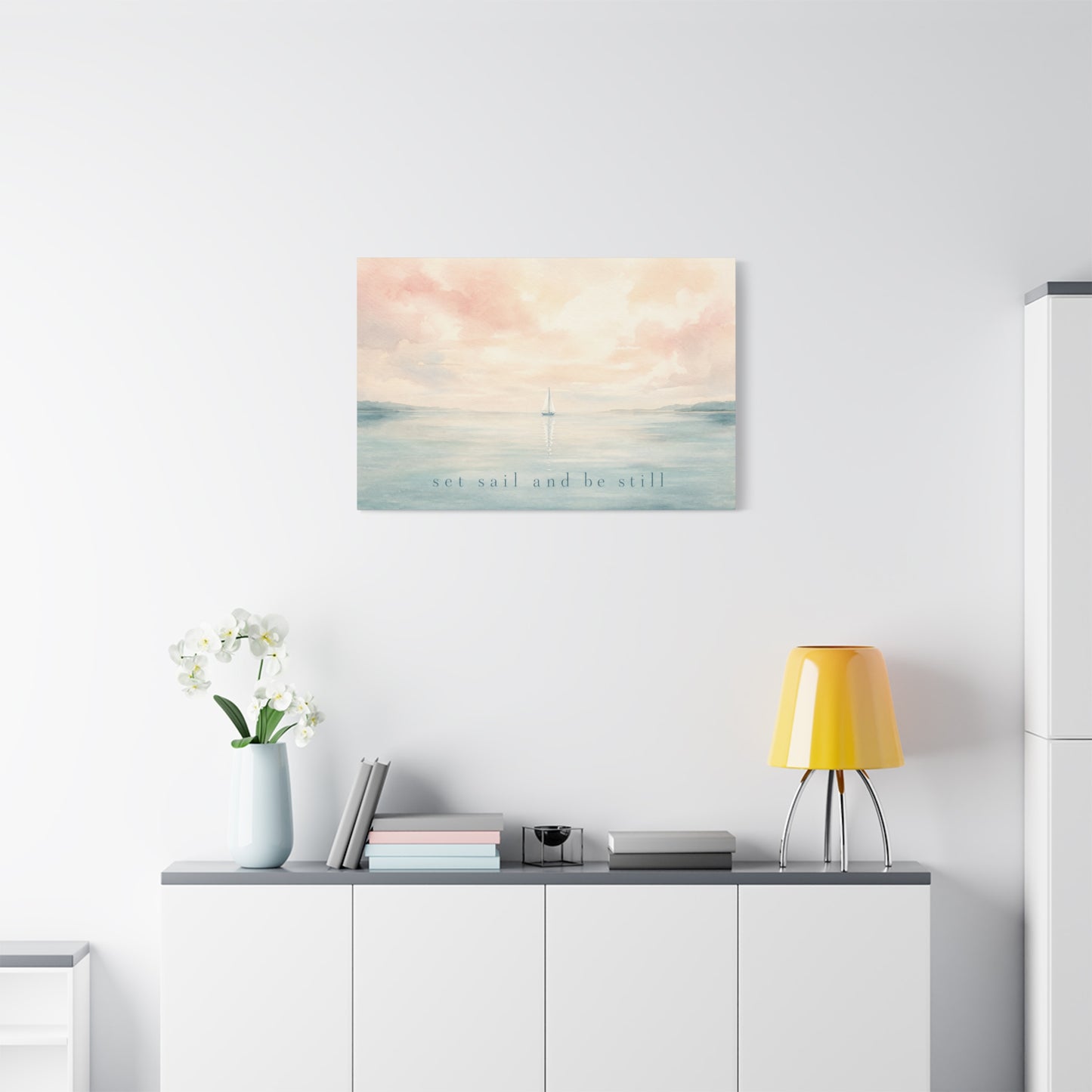 "Set Sail And Be Still" Sailboat Canvas Wall Art - Coastal Seascape Quote Print, Soft Pastel Watercolor, Serene Bedroom Decor, Living Room Wall Decor, Meditation Space Home Accent - Ready to Hang