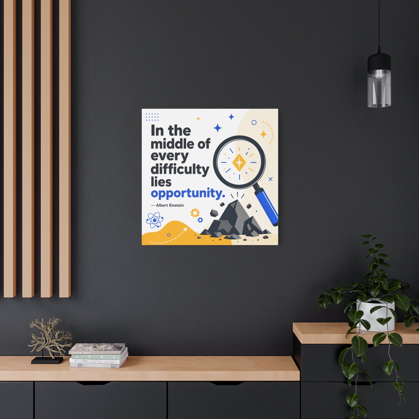 "In The Middle Of Every Difficulty Lies Opportunity." Einstein Canvas Wall Art - Motivational Quote Print, Blue Yellow Modern Typography, Office Decor, Classroom Inspiration, Study Room Accent