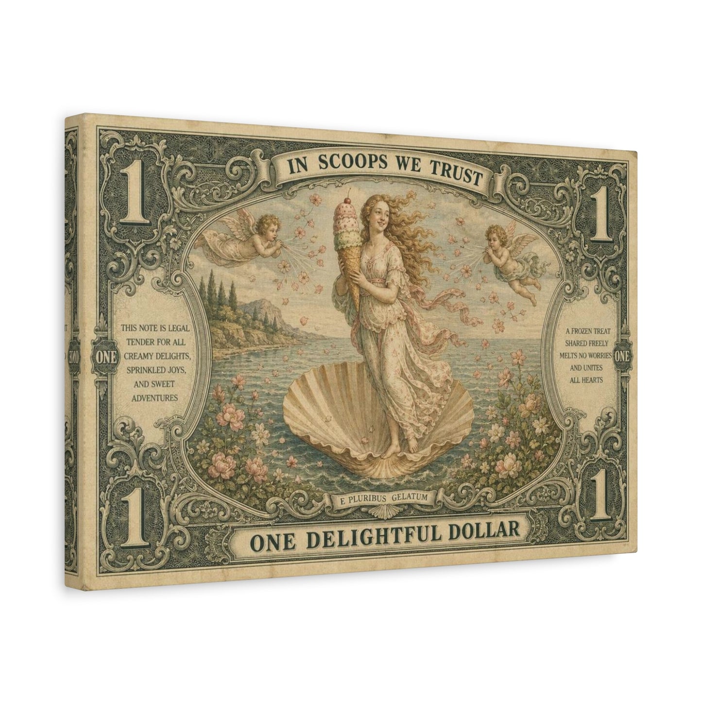 "In Scoops We Trust" Ice Cream Venus Canvas Wall Art - Vintage Parody Currency Print, Mythological Seaside Illustration, Whimsical Retro Decor, Living Room Bedroom Office Accent - Office Wall Art