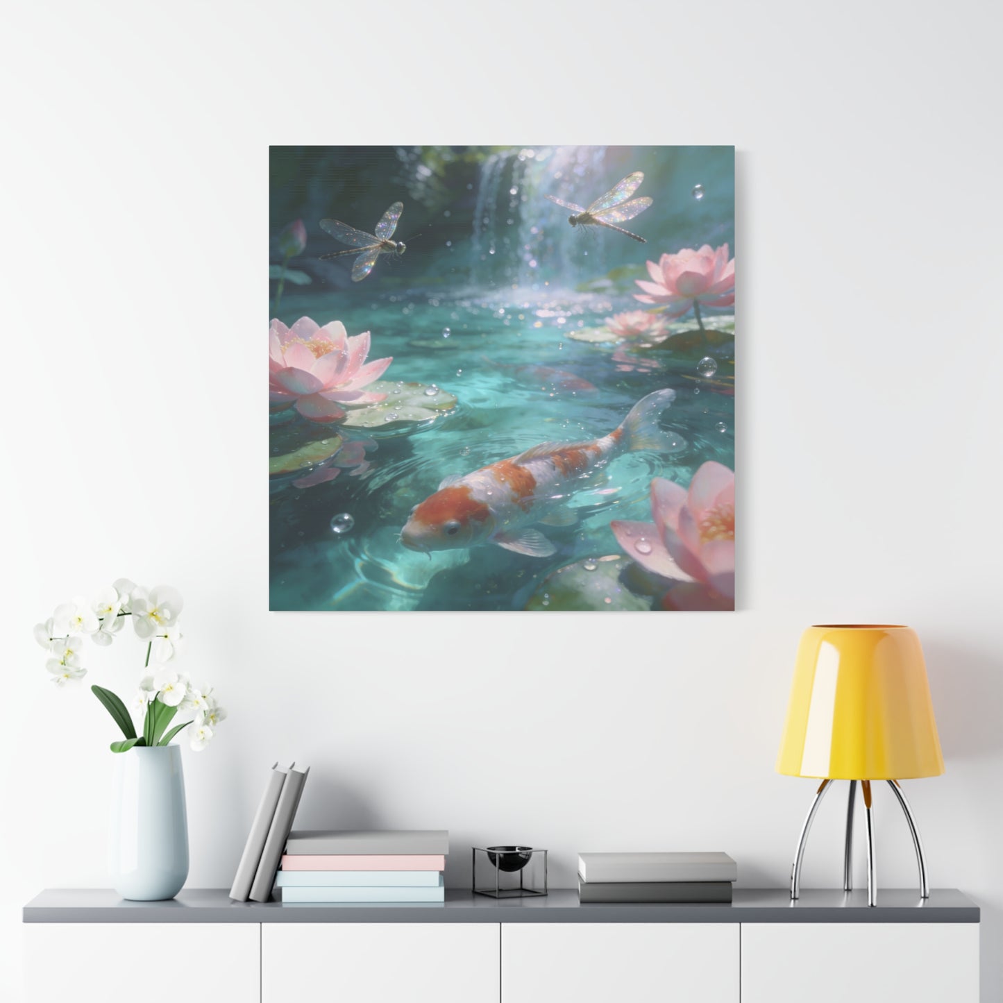 Koi Fish Lotus Canvas Wall Art - Dragonflies Over Teal Pond Water, Pink Water Lily Floral Scene - Dreamy Matte Canvas Print - Bedroom Wall Decor, Living Room Home Accent - Bedroom Home Decoration