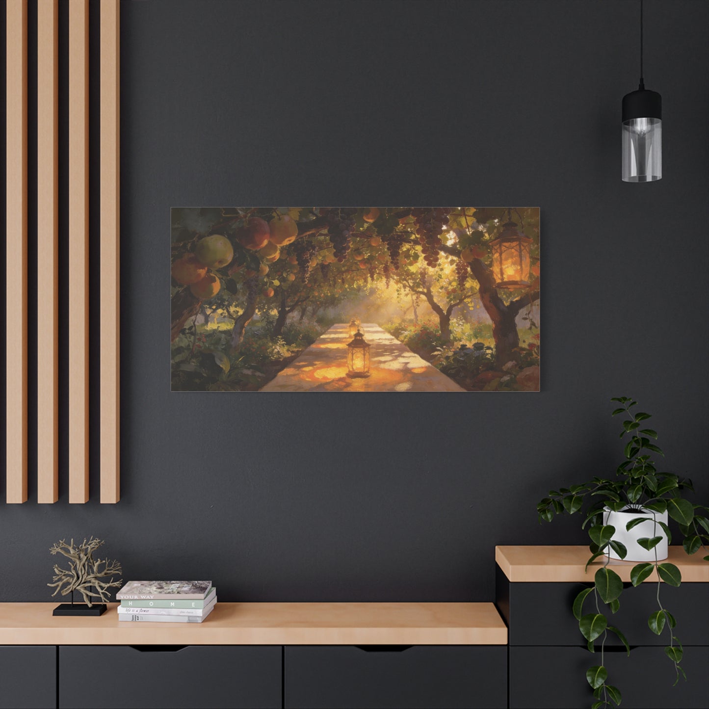 Fruit Orchard Canvas Wall Art - Lantern Lit Garden Path, Grape Vine And Apple Tree Painting - Matte Cotton Print, Rustic Traditional Style - Living Room Wall Decor, Bedroom Accent - Ready to Hang