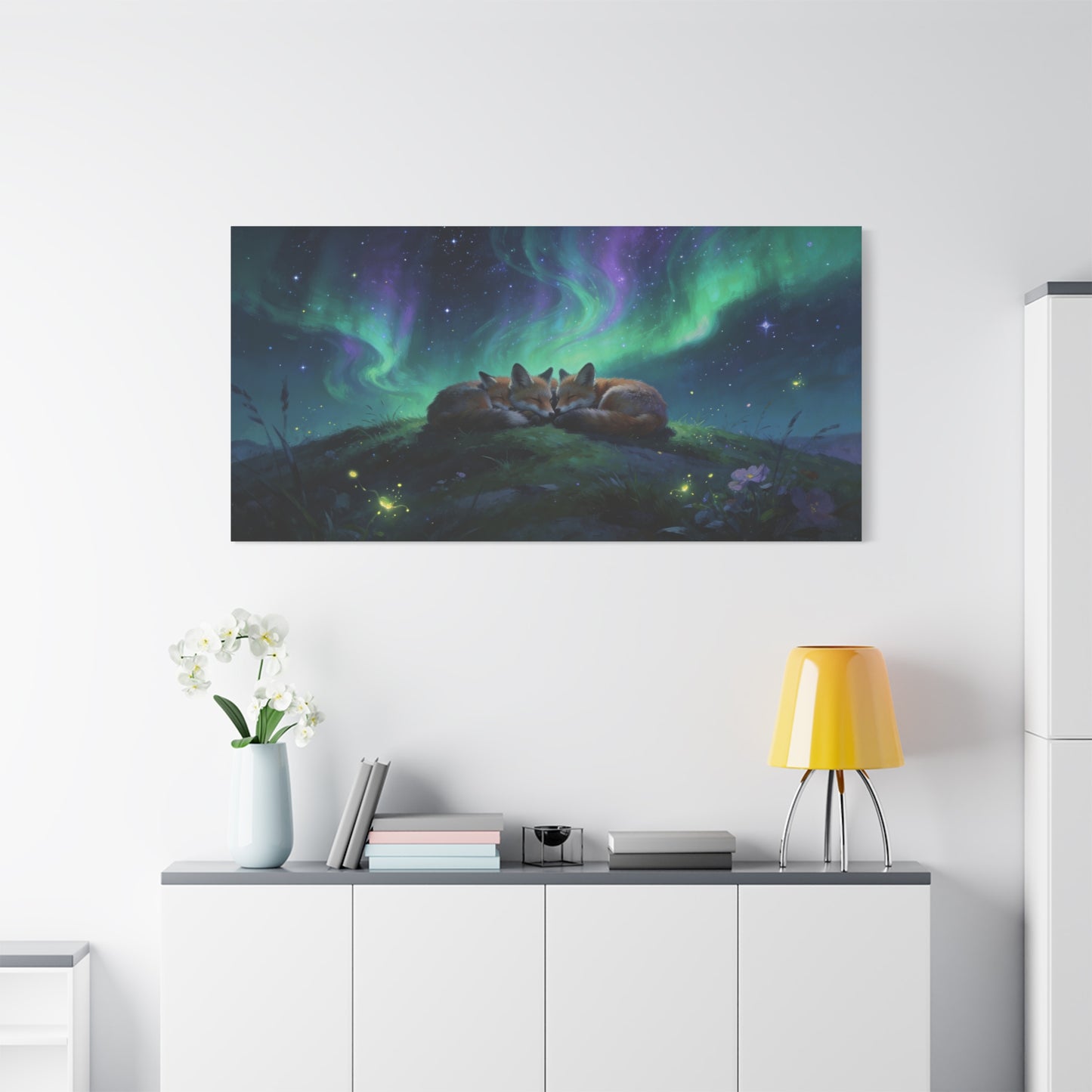 Sleeping Red Foxes Canvas Wall Art - Aurora Borealis Night Sky Animal Print - Dreamy Matte Canvas Print, Whimsical Wildlife Style - Bedroom Home Decoration, Nursery Wall Hanging - Ready to Hang