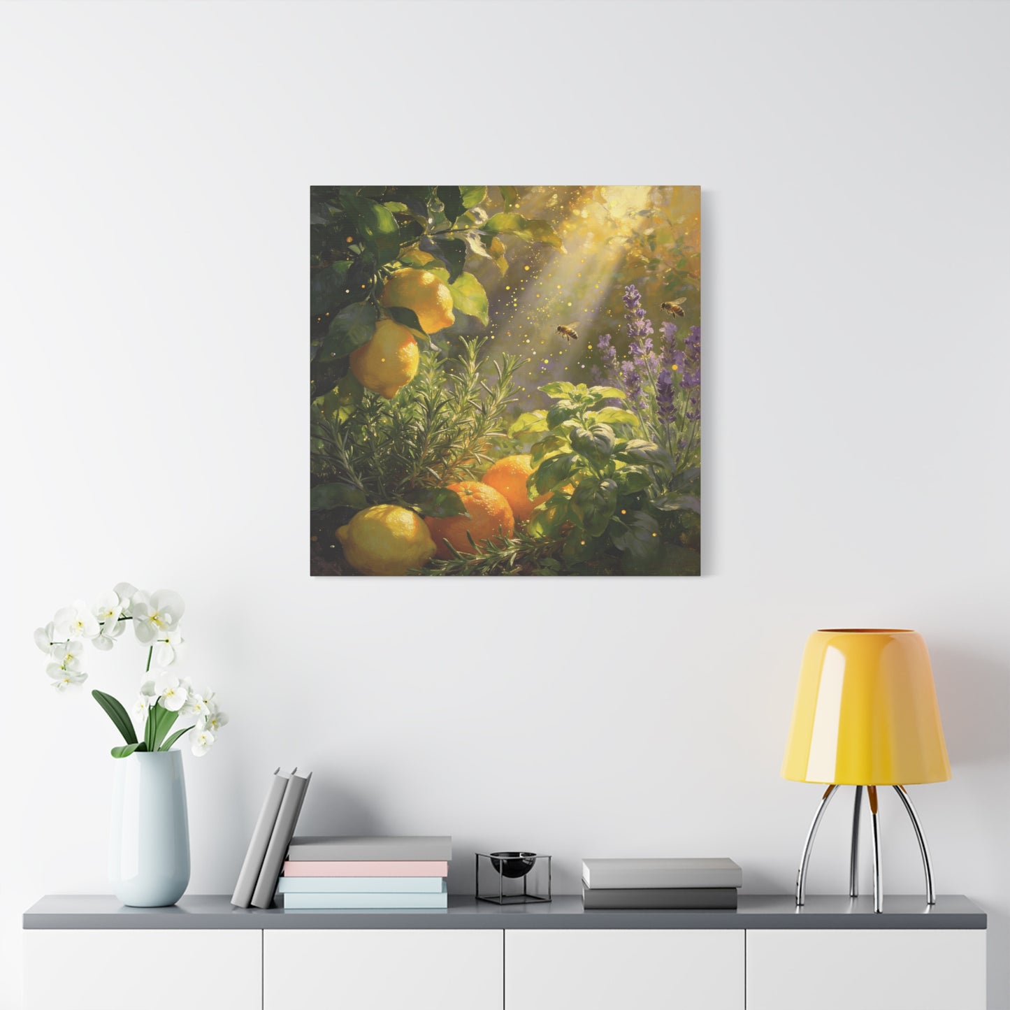 Lemon Herb Garden Canvas Wall Art - Bees, Lavender, Rosemary, Sunlit Botanical Painting - Matte Cotton Print, Rustic Farmhouse Style - Kitchen Wall Decor, Dining Room Accent - Bedroom Home Decoration
