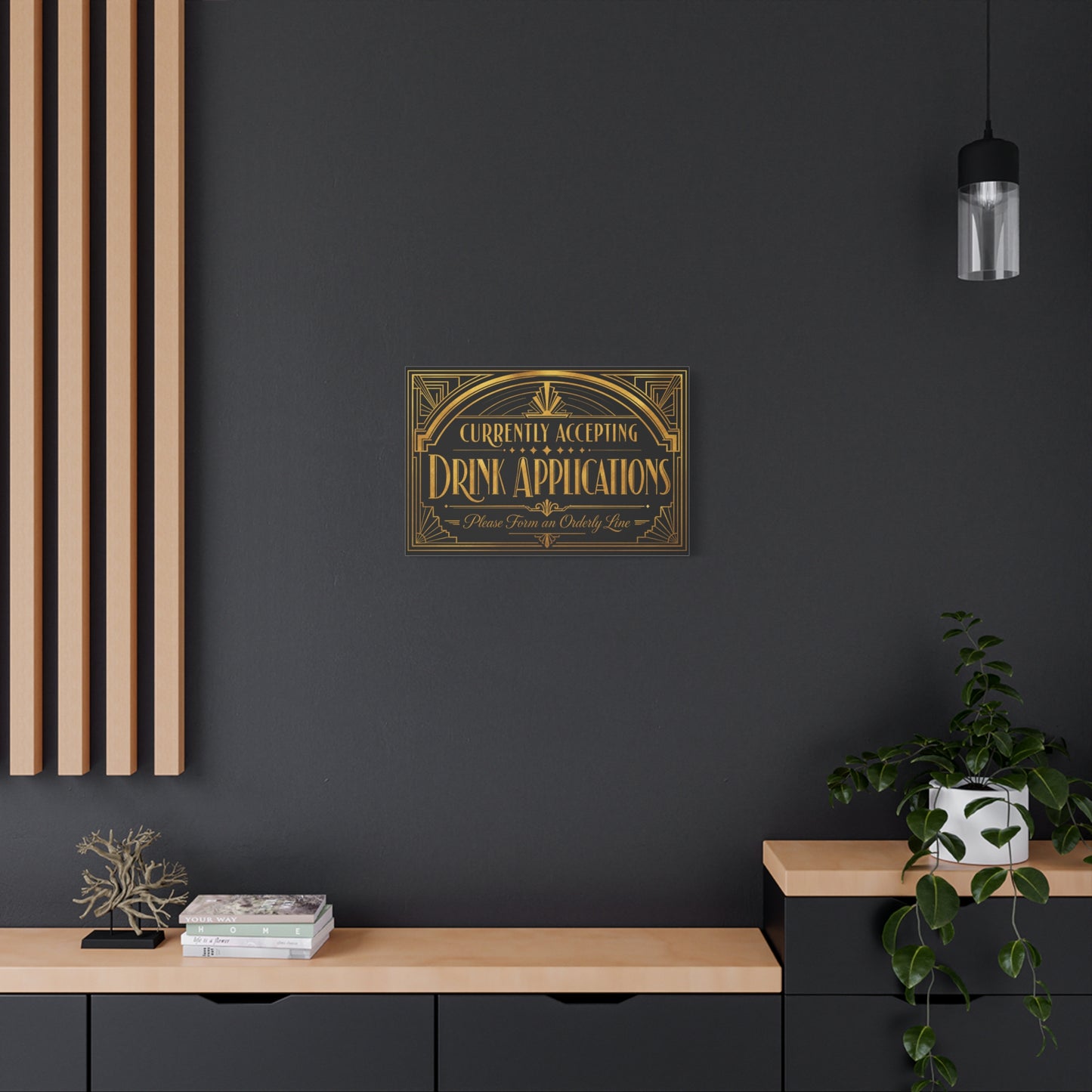 "Currently Accepting Drink Applications" Canvas Wall Art - Art Deco Typography Bar Sign, Black And Gold Humor Decor, Vintage Cocktail Lounge Style, Home Bar Accent - Ready to Hang - Tavern Wall Decor