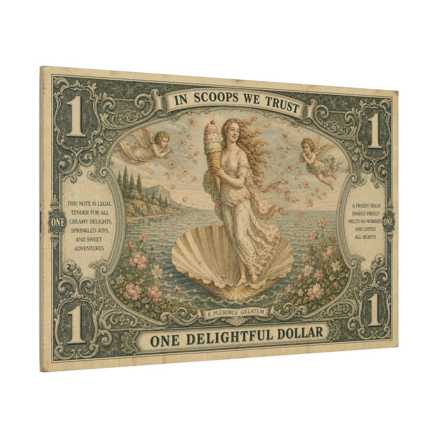 "In Scoops We Trust" Ice Cream Venus Canvas Wall Art - Vintage Parody Currency Print, Mythological Seaside Illustration, Whimsical Retro Decor, Living Room Bedroom Office Accent - Office Wall Art