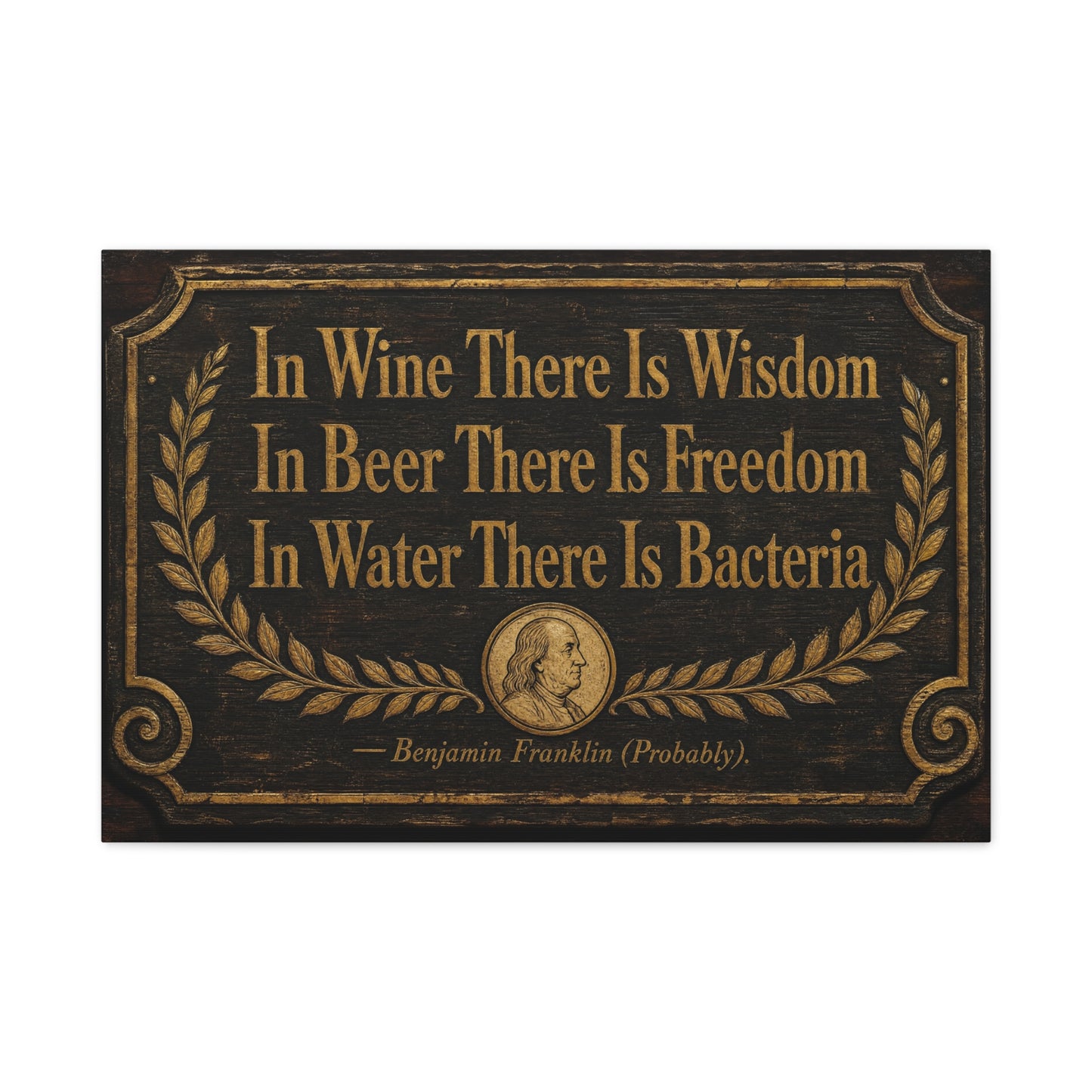 "In Wine There Is Wisdom In Beer There Is Freedom" Canvas Wall Art - Vintage Bar Quote Print, Rustic Tavern Style, Brown Gold Typography Decor, Home Bar - Office Wall Art - Cocktail Lounge Decor