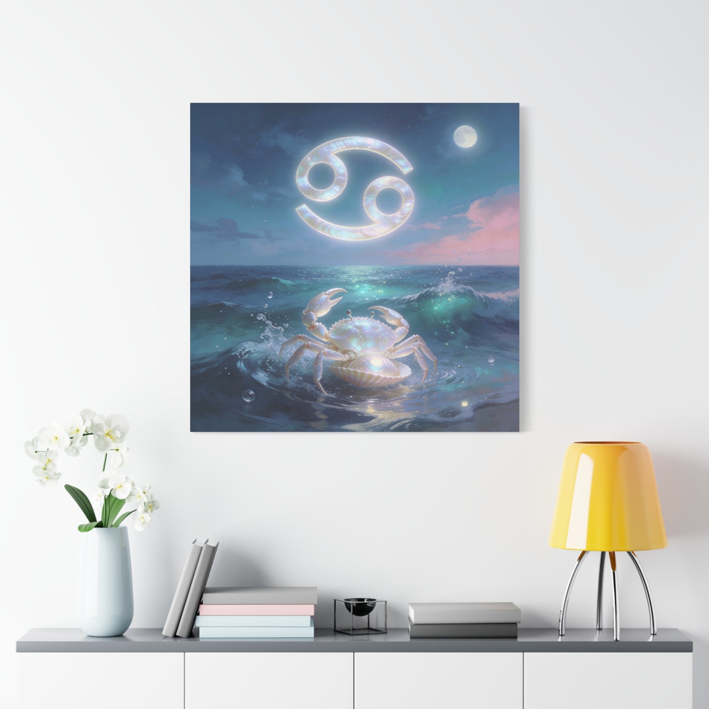 Cancer Zodiac Canvas Wall Art - Moonlit Ocean Crab, Iridescent Shell Symbol - Coastal Celestial Print, Dreamy Blue Seascape - Bedroom Home Decoration, Living Room Wall Decor - Bedroom Home Decoration
