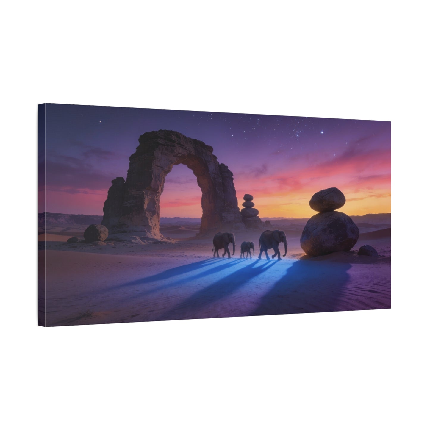 Desert Elephant Canvas Wall Art - Rock Arch Sunset Landscape, Surreal Starry Sky - Matte Cotton Art Print - Contemporary Style, Living Room Wall Decor, Bedroom Home Decoration - Modern Farmhouse Style
