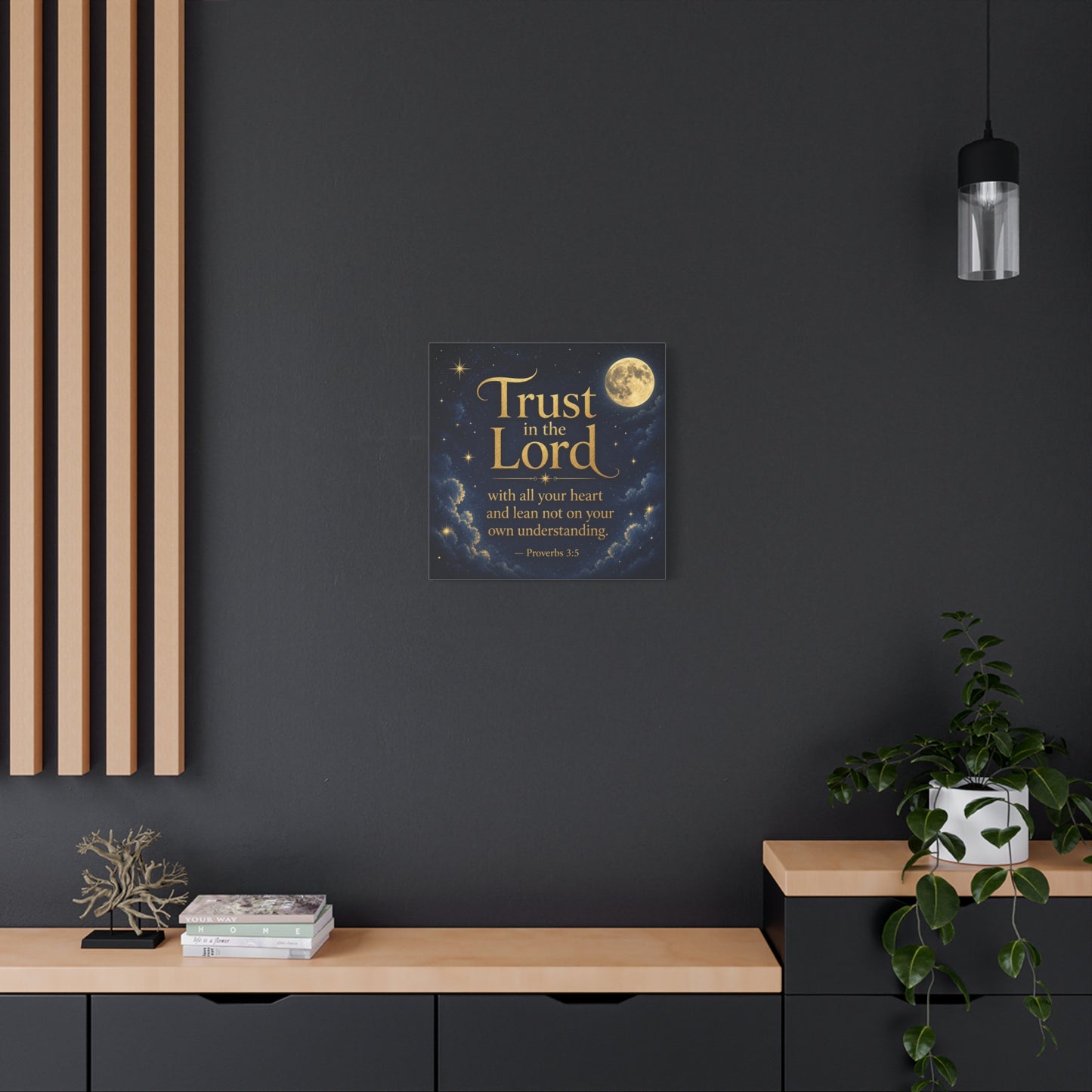 "Trust In The Lord" Bible Verse Canvas Wall Art - Moonlit Scripture Quote, Gold Typography, Christian Wall Decor - Traditional Night Sky Design - Bedroom Living Room Decoration - Ready to Hang