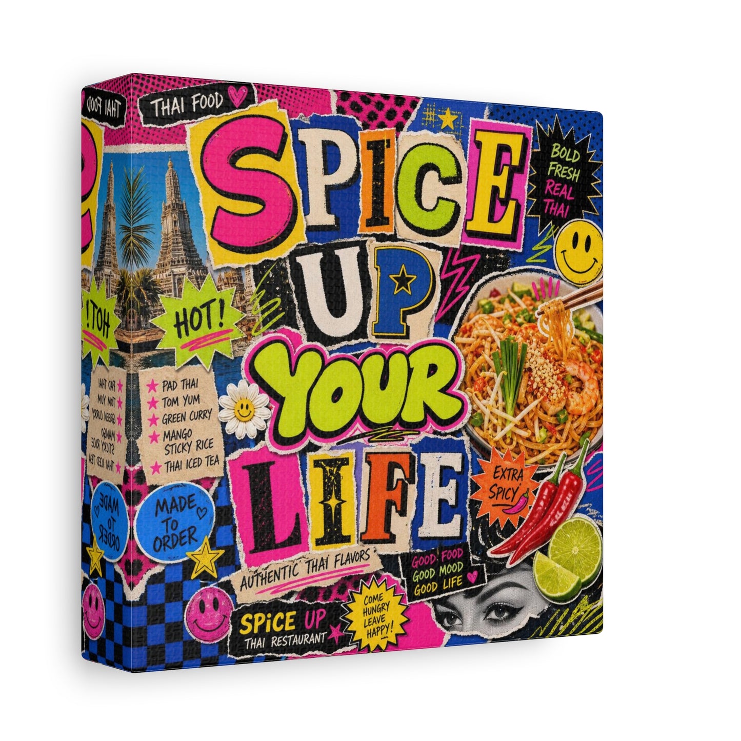 "Spice Up Your Life" Canvas Wall Art - Thai Food Pop Art Collage, Typography Print, Neon Color Street Poster Style, Cafe Decor, Dining Room Accent, Kitchen Wall Hanging, Contemporary - Ready to Hang