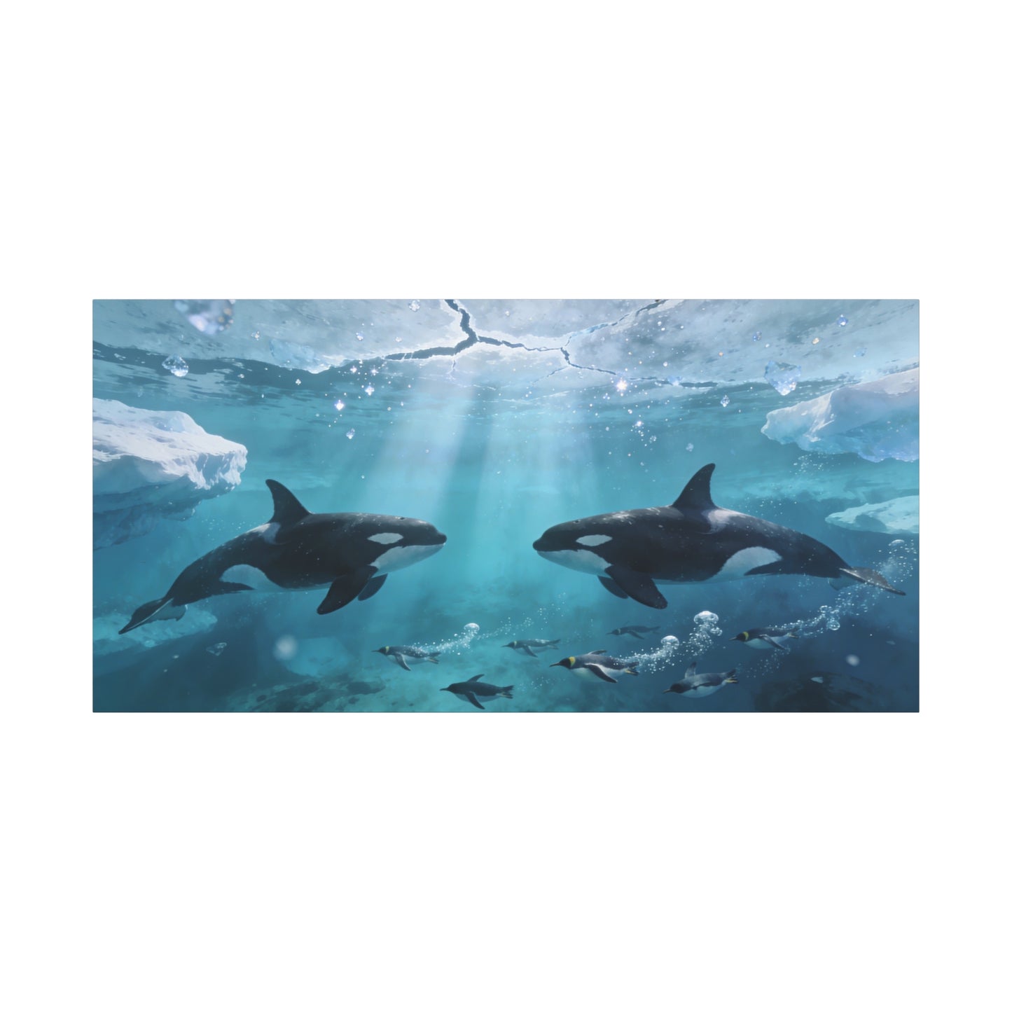Orca Whale Canvas Wall Art - Arctic Ocean Underwater Scene, Penguins, Sea Ice - Coastal Wildlife Decor - Matte Canvas Print - Living Room Wall Decor, Bedroom Home Decoration - Bedroom Home Decoration