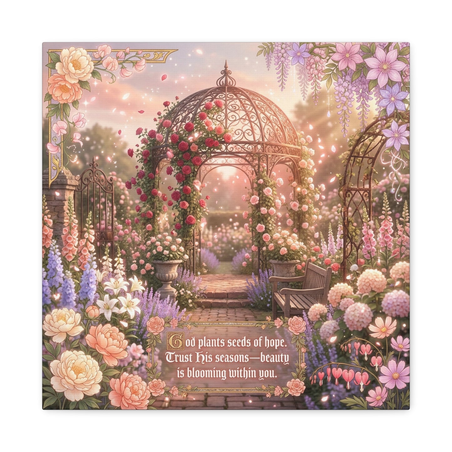 "God Plants Seeds Of Hope" Floral Garden Canvas Wall Art - Romantic Rose Gazebo Scripture Quote Print - Matte Botanical Cottagecore Decor - Bedroom Living Room Home Decoration - Living Room Wall Decor