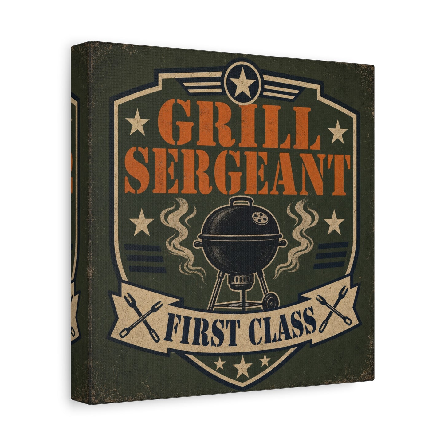"Grill Sergeant First Class" BBQ Canvas Wall Art - Vintage Grill Badge Sign, Rustic Patriotic Kitchen Decor, Retro Barbecue Poster Style, Man Cave Wall Decor - Ready to Hang - Bedroom Home Decoration