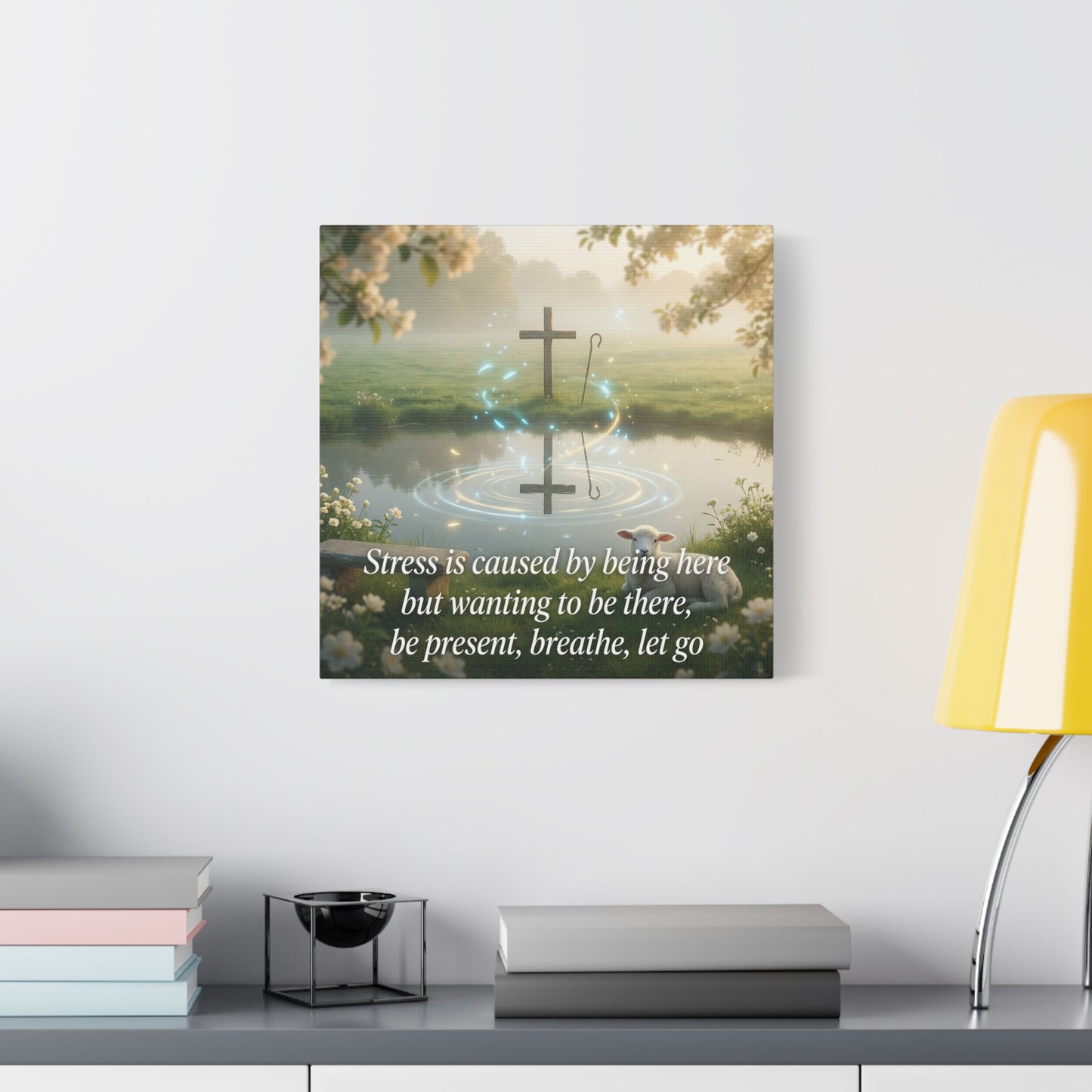 "Stress is caused by being here but wanting to be there, be present, breathe, let go" Cross Canvas Wall Art - Christian Inspirational Pond Scene - Traditional Style - Bedroom Wall Decor