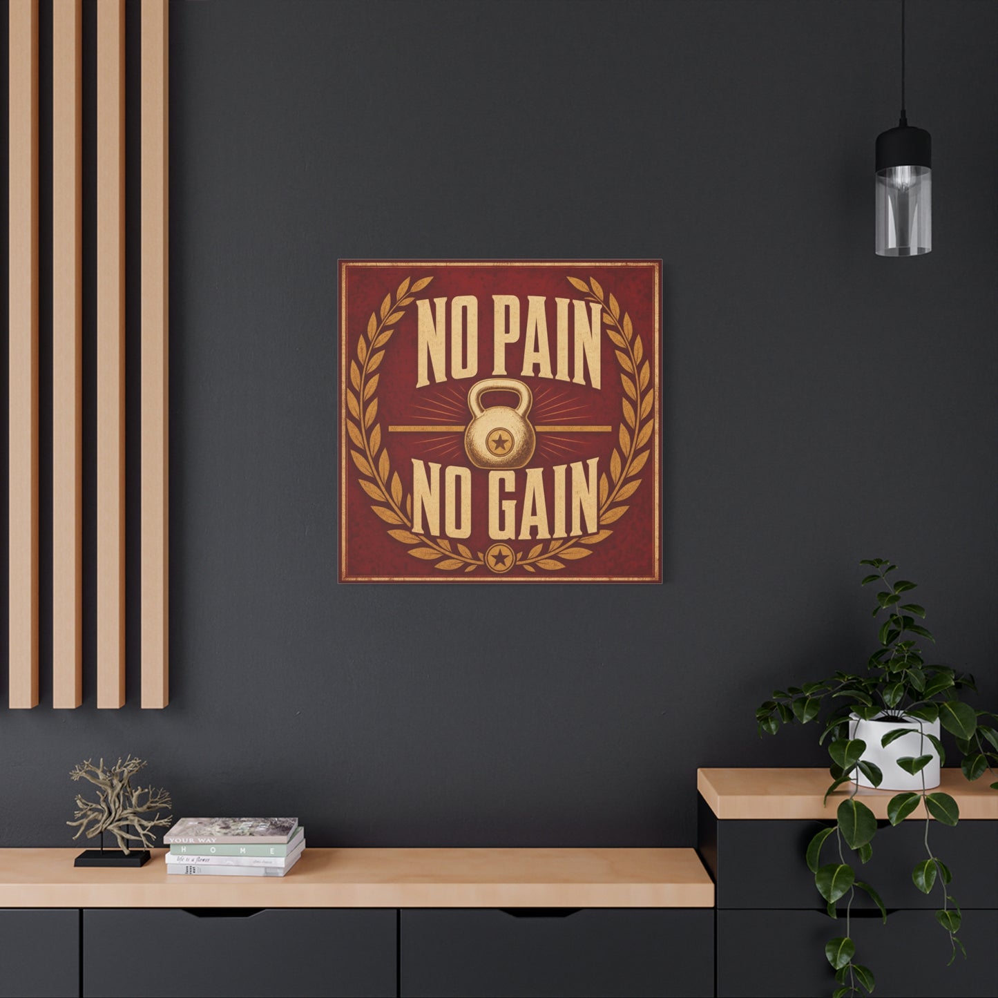 "No Pain No Gain" Kettlebell Canvas Wall Art - Vintage Gym Quote Decor, Rustic Typography Print, Motivational Fitness Poster Style - Room Decoration - Ready to Hang - Gym Wall Decor - HP Latex Print