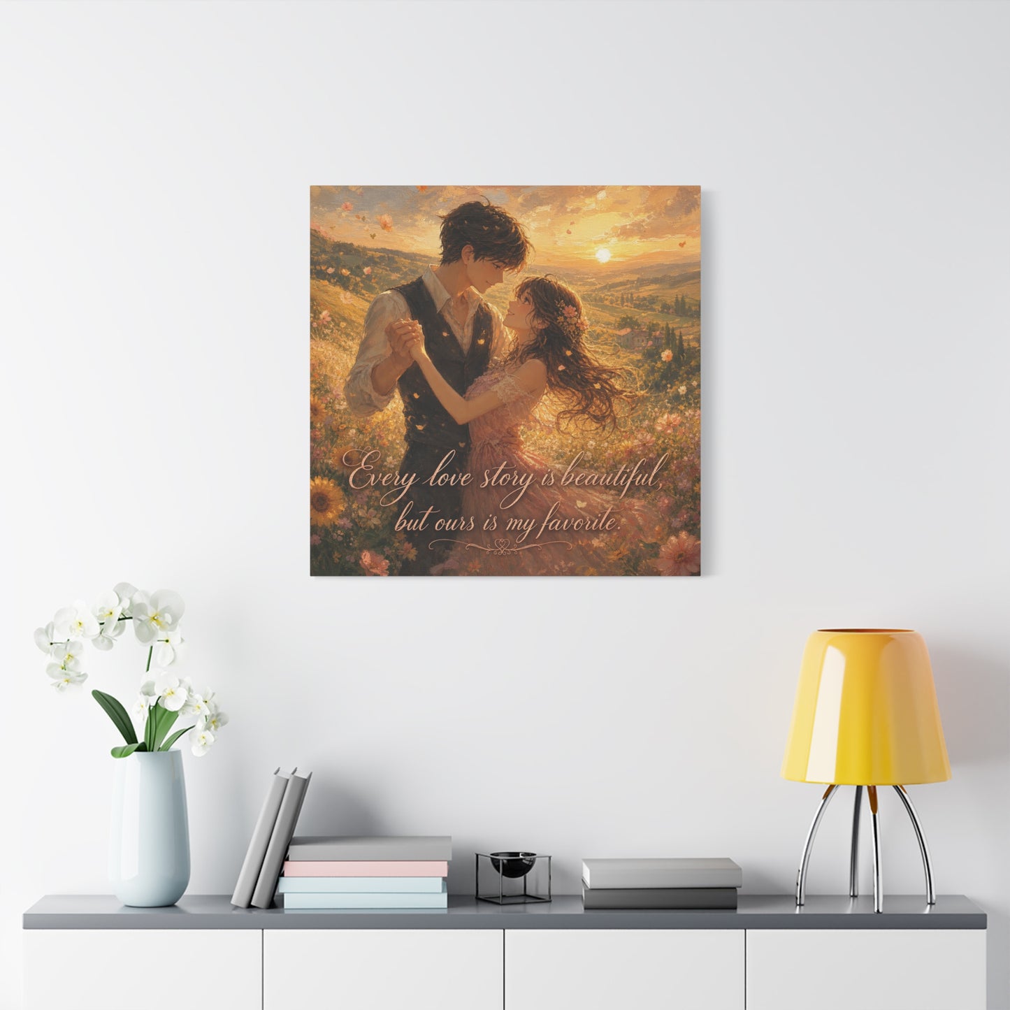 "Every Love Story Is Beautiful, But Ours Is My Favorite" Romantic Couple Canvas Wall Art - Golden Sunset Wildflower Field - Dreamy Rustic Style - Bedroom Wall Decor - Ready to Hang - Ready to Hang