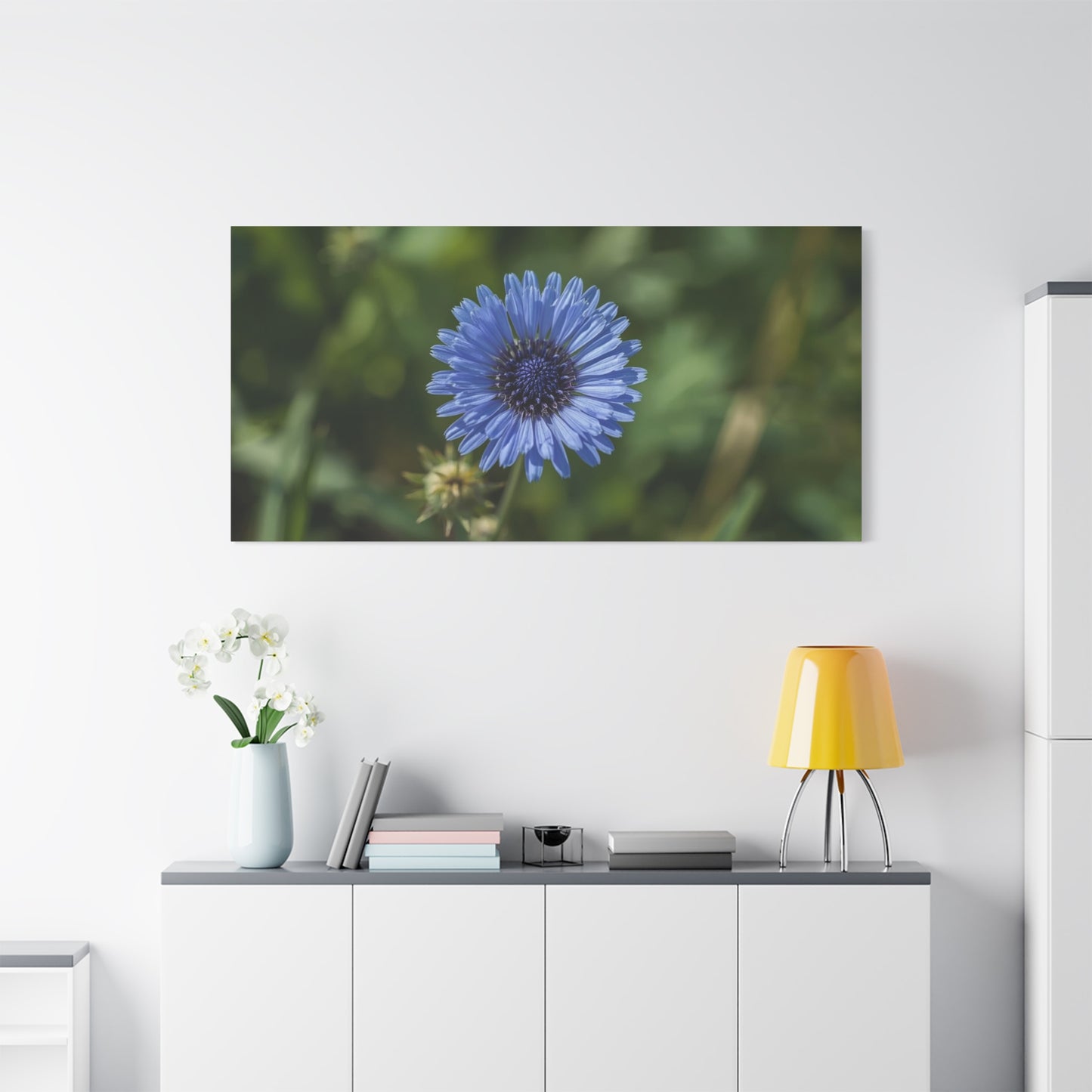 Blue Cornflower Canvas Wall Art - Botanical Flower Art Print, Green Bokeh Background - Matte Cotton Canvas - Contemporary Floral Style - Bedroom Wall Decor, Spa Accent - Modern Farmhouse Style