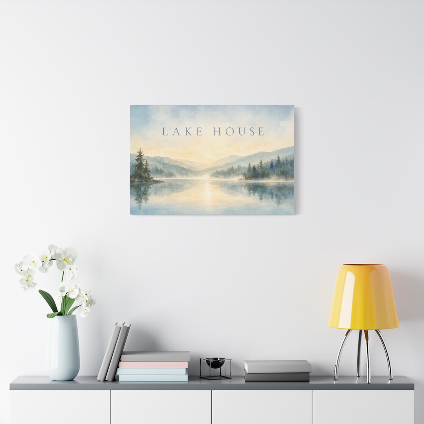 "Lake House" Canvas Wall Art - Misty Mountain Watercolor Landscape Print, Serene Cabin Decor, Rustic Retreat Wall Hanging, Bedroom Home Decoration, Entryway Accent, Vacation Rental Style