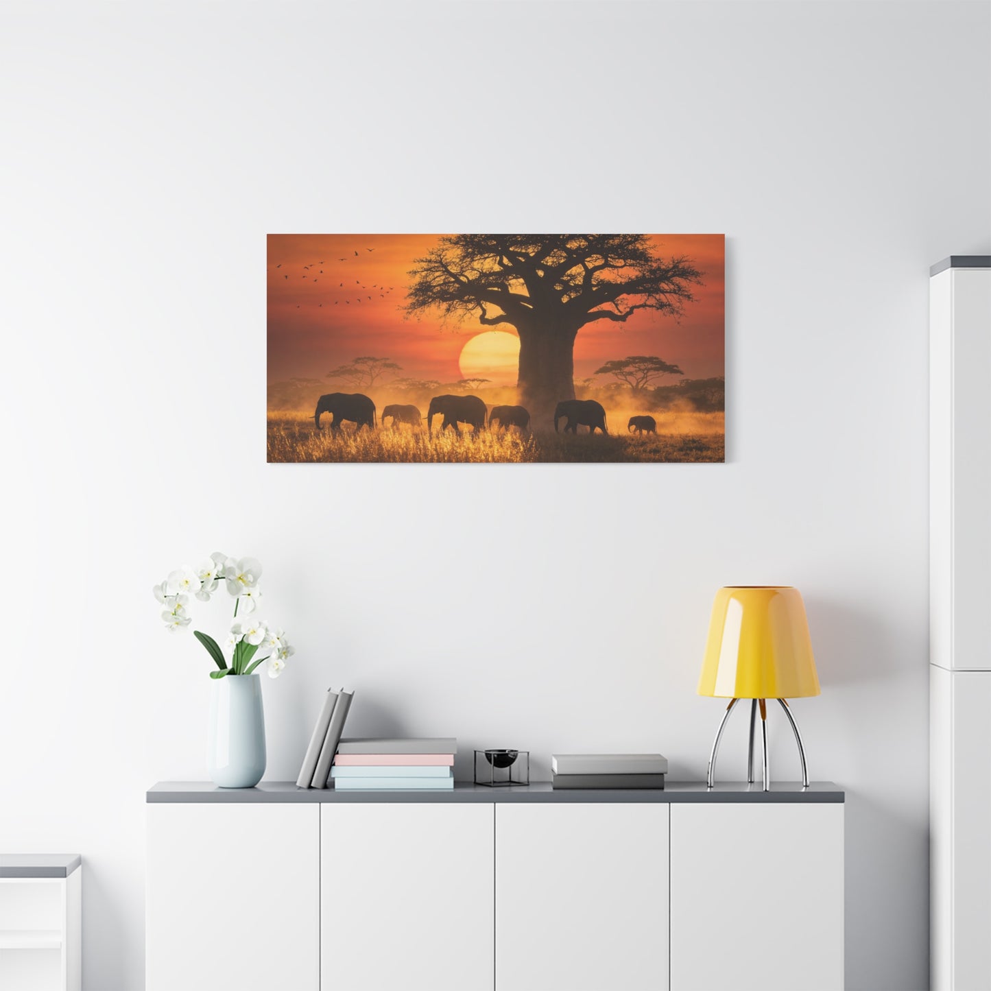 African Elephant Sunset Canvas Wall Art - Baobab Tree Safari Scene, Golden Savanna Wildlife Print - Matte Cotton Canvas, Rustic Contemporary Style - Living Room Wall Decor - Bedroom Home Decoration