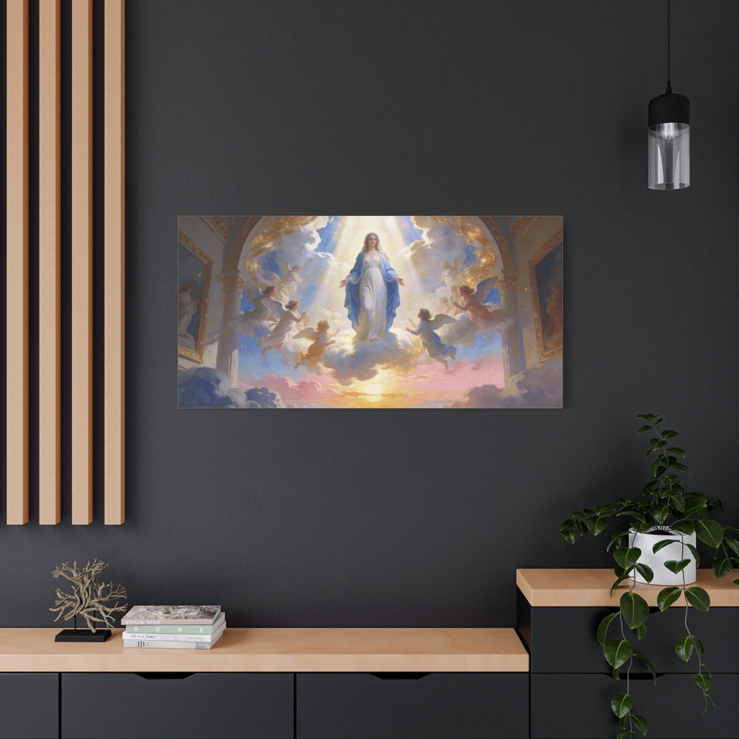 Virgin Mary Canvas Wall Art - Heavenly Religious Painting With Angels, Blue And Gold Clouds - Matte Cotton Canvas Print - Traditional Sacred Style For Bedroom Living Room Decor - Office Wall Art