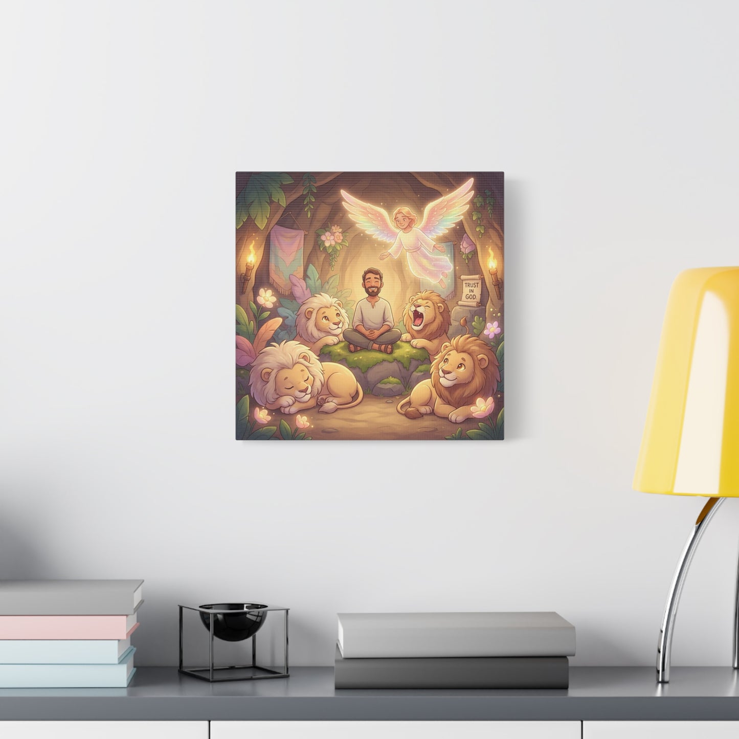 "Trust In God" Christian Canvas Wall Art - Angel, Man With Lions Cave Scene - Pastel Nursery Decor, Matte Cotton Print - Kids Bedroom Wall Decor, Playroom Home Decoration - Ready to Hang