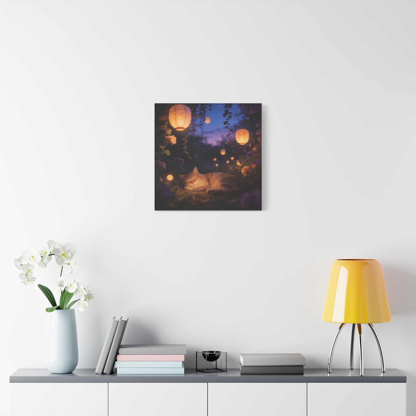 Sleeping Cat Canvas Wall Art - Lantern Lit Garden Night Scene, Dreamy Floral Canvas Print - Calming Cottagecore Style, Bedroom Wall Decor, Living Room Home Decoration - Bedroom Home Decoration