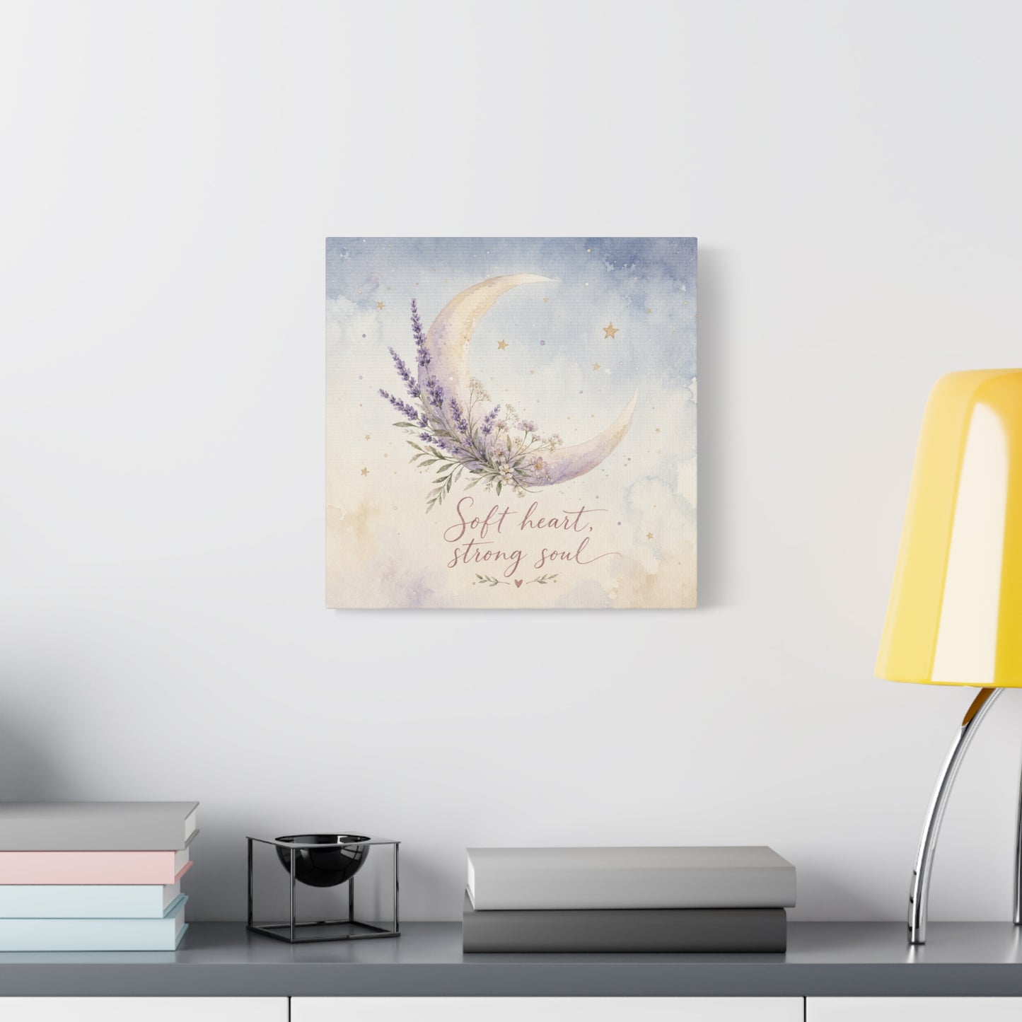 "Soft Heart, Strong Soul" Moon Canvas Wall Art - Lavender Floral Celestial Quote Print - Watercolor Nursery Bedroom Decor - Bohemian Home Decoration - Office Wall Art - Bedroom Home Decoration