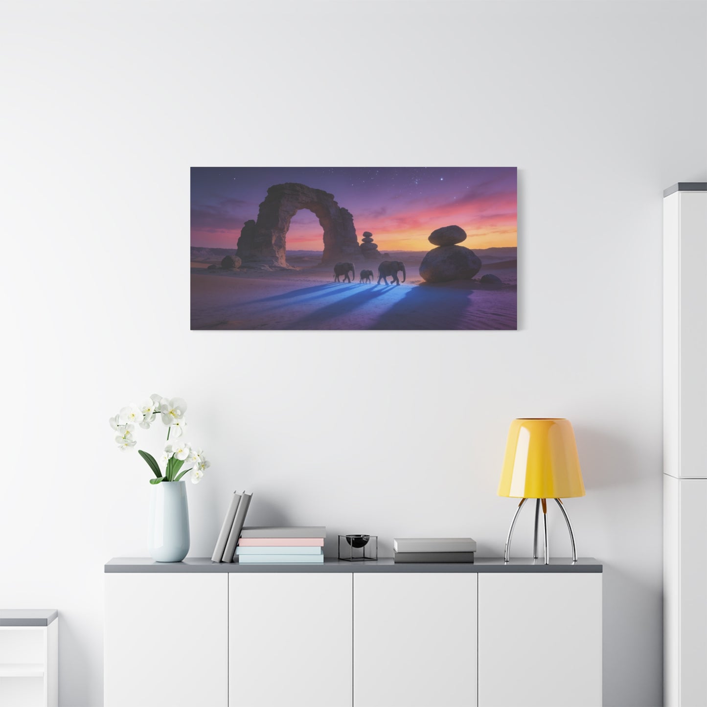 Desert Elephant Canvas Wall Art - Rock Arch Sunset Landscape, Surreal Starry Sky - Matte Cotton Art Print - Contemporary Style, Living Room Wall Decor, Bedroom Home Decoration - Modern Farmhouse Style