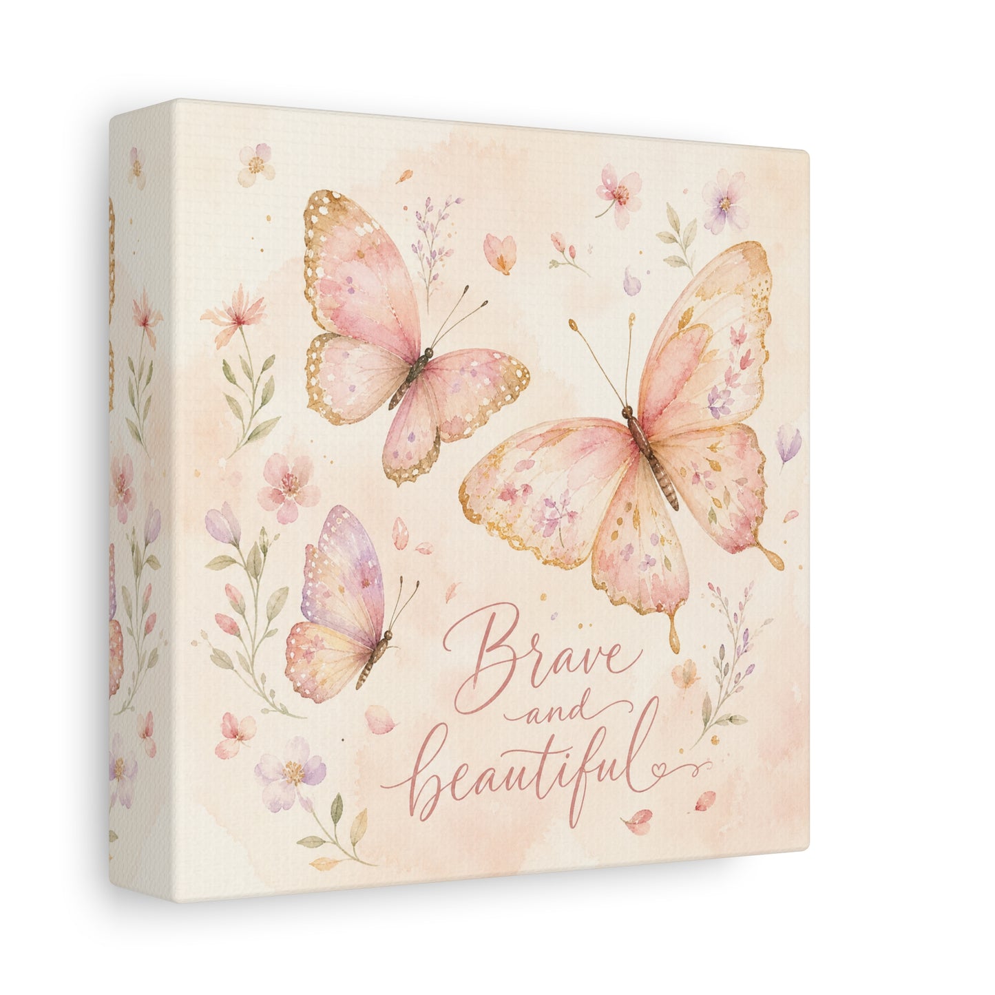 "Brave And Beautiful" Butterfly Canvas Wall Art - Pink Floral Watercolor Quote Print - Inspirational Girls Bedroom Decor - Nursery Wall Hanging - Bedroom Home Decoration - Modern Farmhouse Style