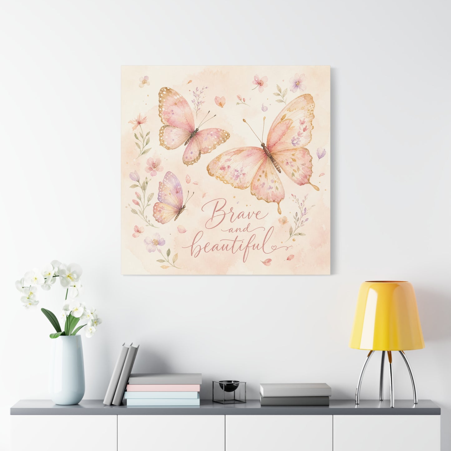 "Brave And Beautiful" Butterfly Canvas Wall Art - Pink Floral Watercolor Quote Print - Inspirational Girls Bedroom Decor - Nursery Wall Hanging - Bedroom Home Decoration - Modern Farmhouse Style