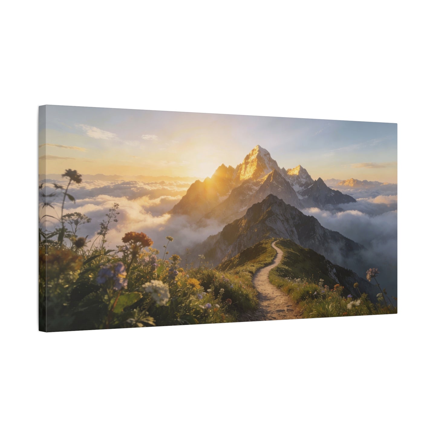 Mountain Sunrise Canvas Wall Art - Alpine Path, Wildflower Meadow, Golden Peak Landscape Print - Matte Scenic Nature Decor - Living Room Wall Decor, Bedroom Home Decoration - Bedroom Home Decoration
