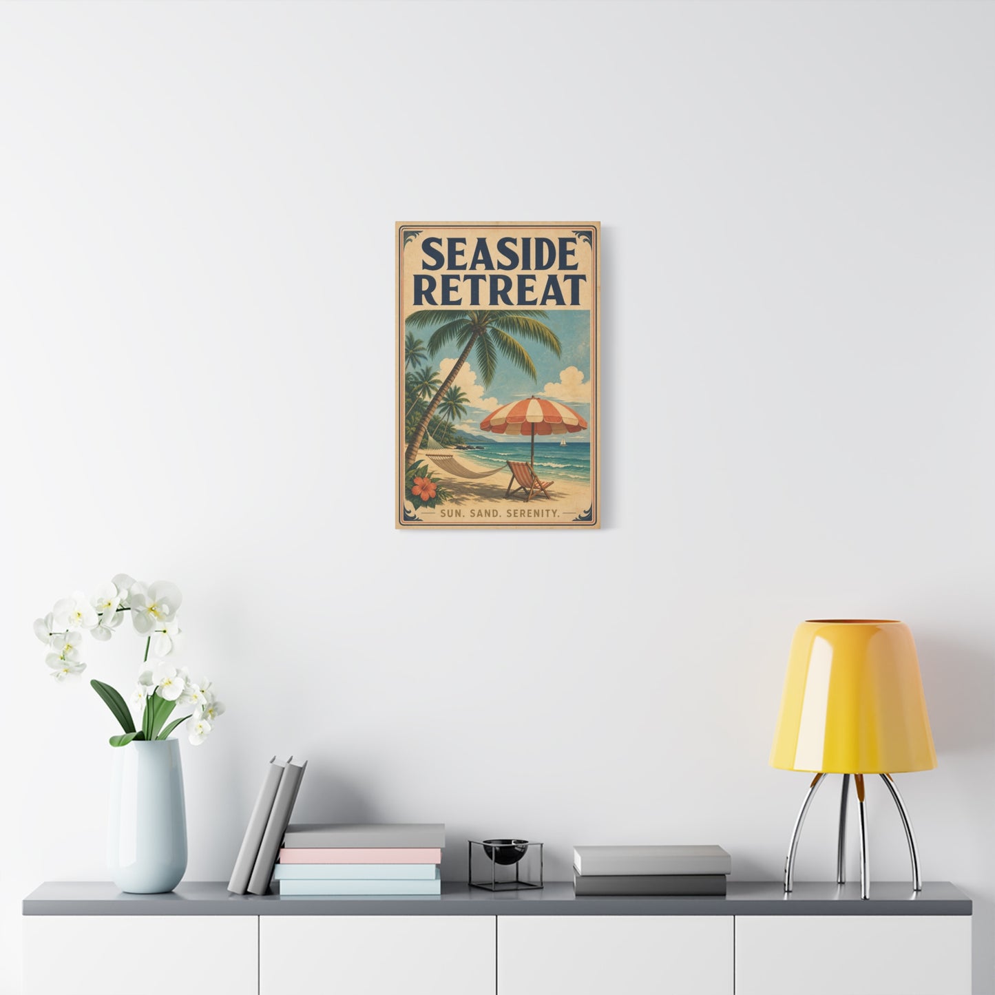 "Seaside Retreat" Tropical Beach Canvas Wall Art - Vintage Coastal Palm Tree Hammock Poster Print, Sun Sand Serenity Typography, Retro Ocean Decor For Bedroom Living Room - Living Room Wall Decor